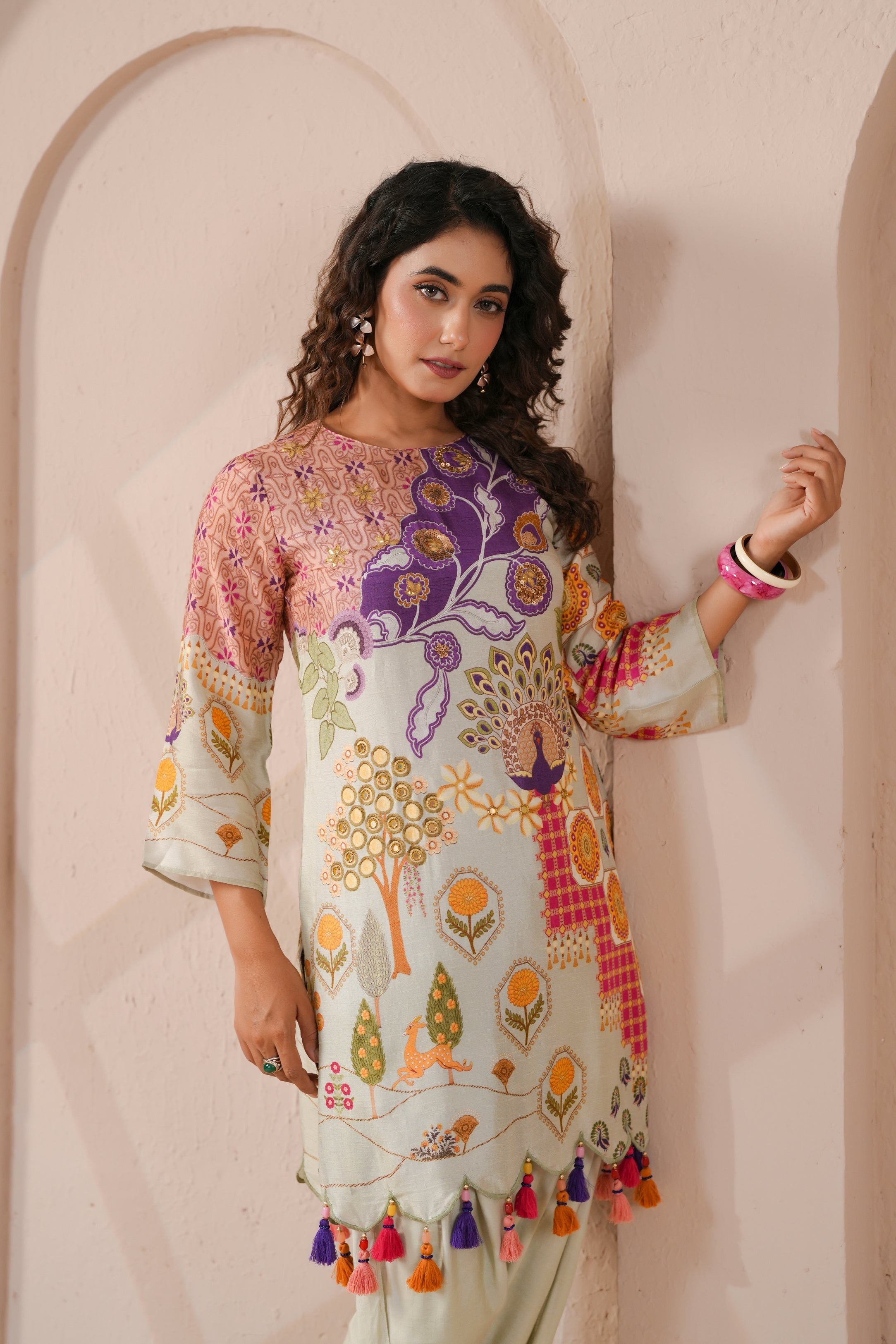 Peacock Forest Printed Dola Silk Co-Ord Set