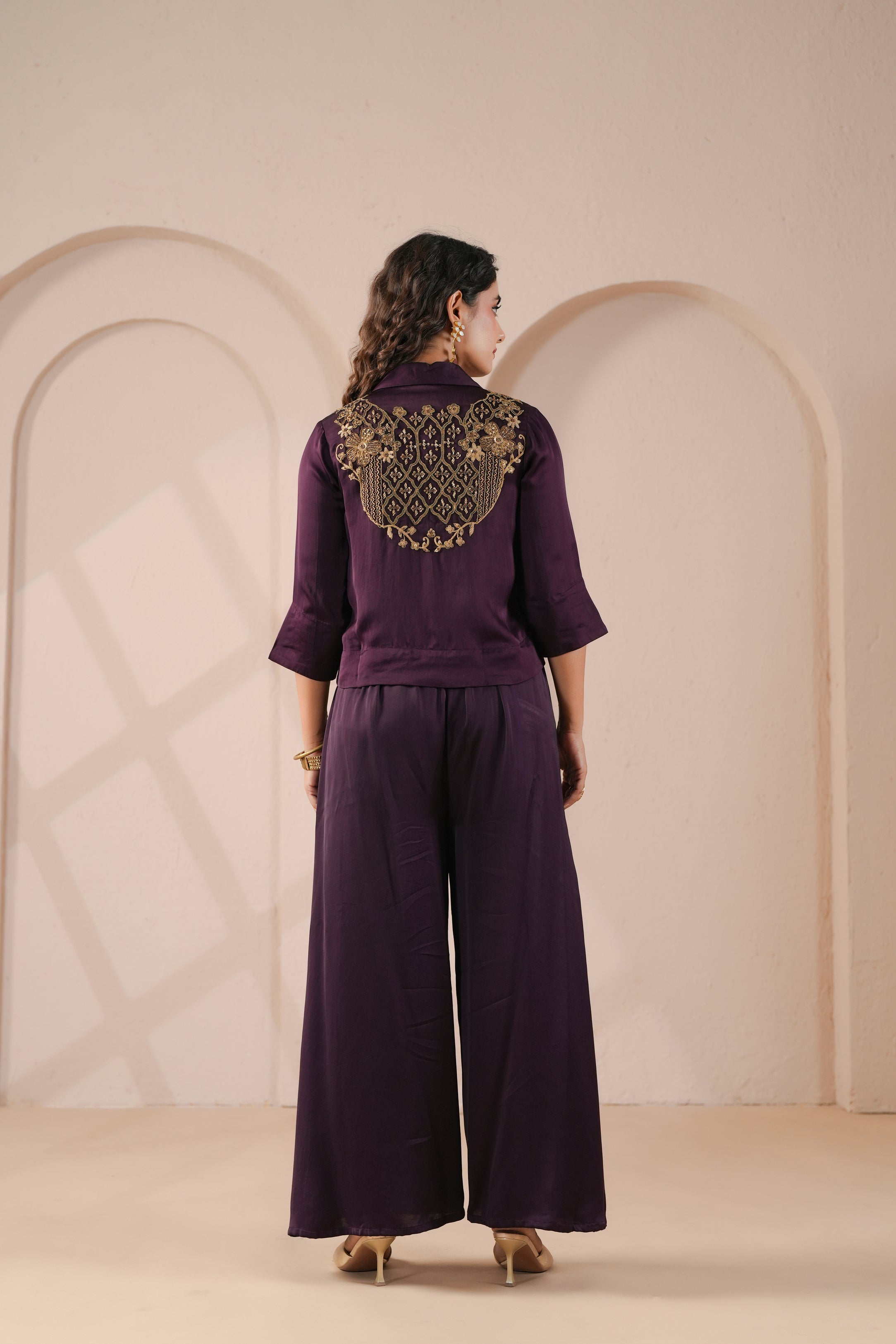 Imperial Purple Embellished Modal Silk Palazzo Set