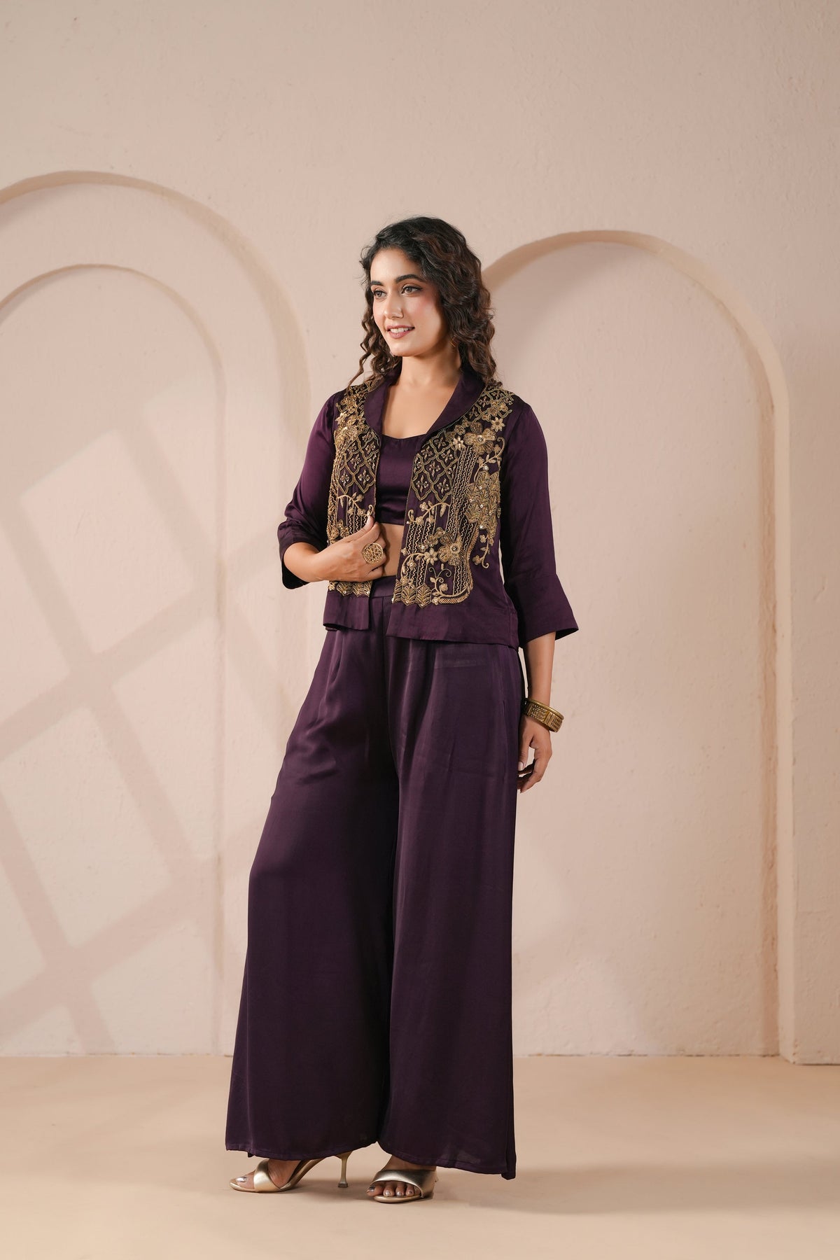 Imperial Purple Embellished Modal Silk Palazzo Set