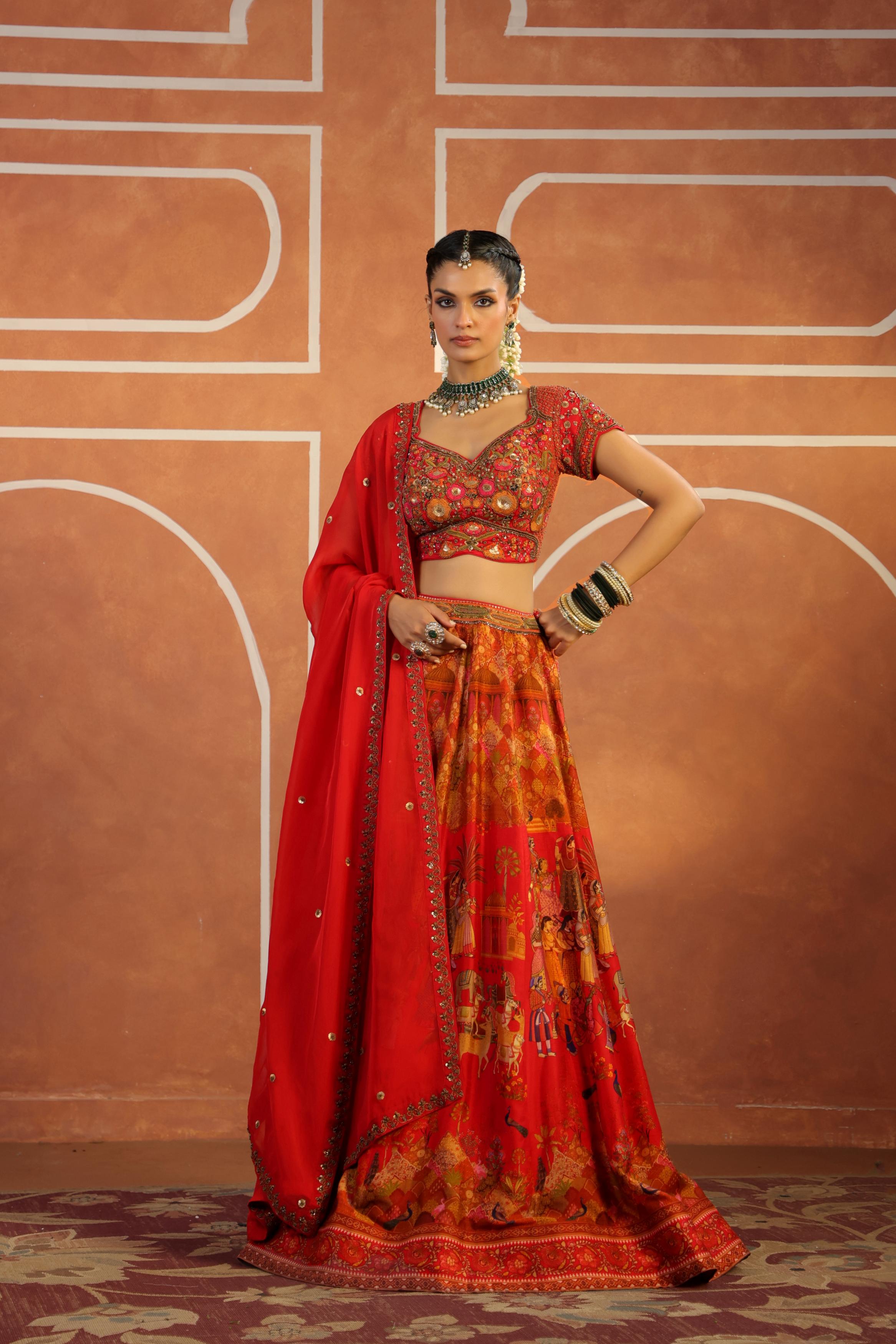 Warm Red Embroidered Silk Lehenga Set