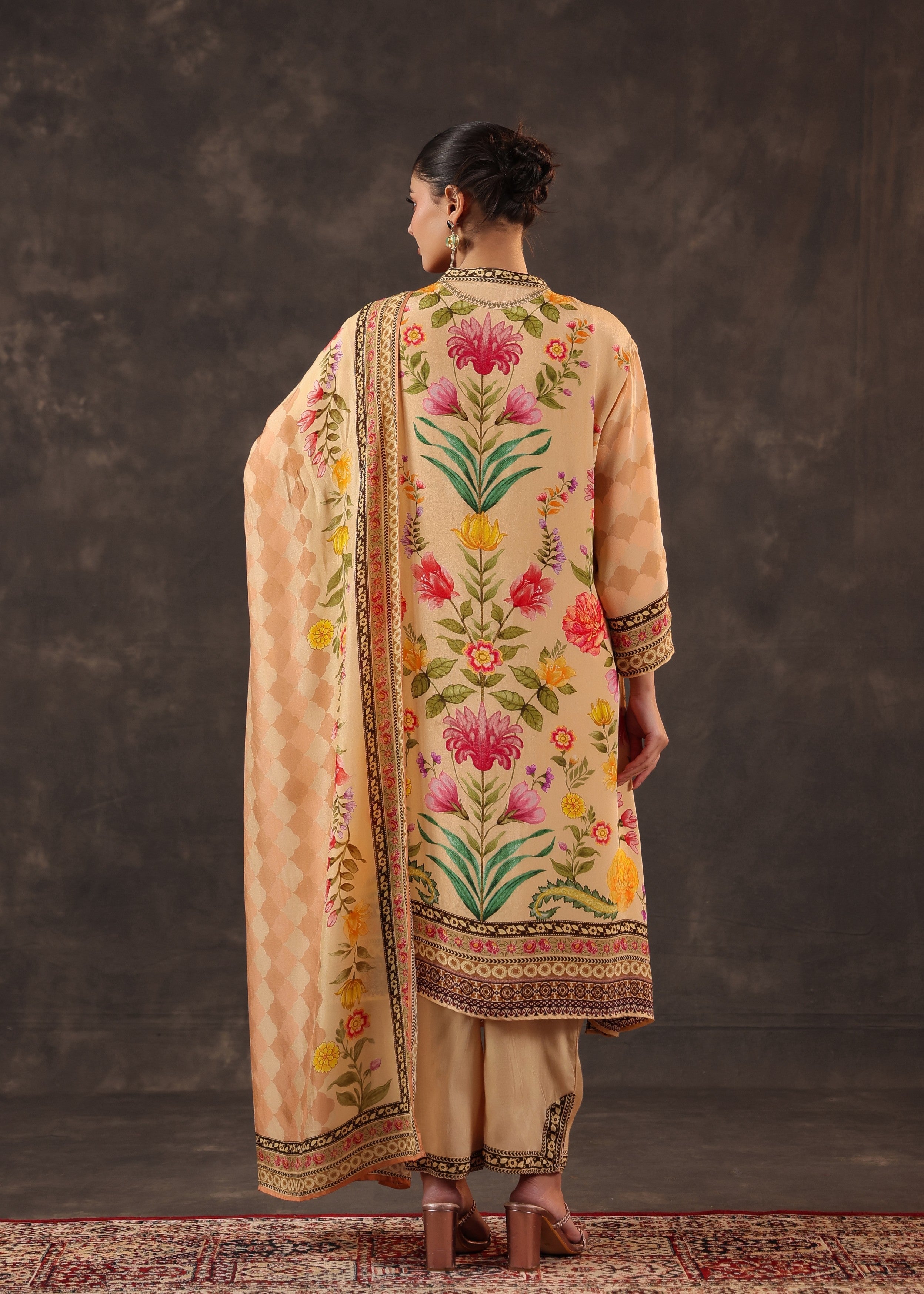 Warm Peach Printed Crepe Silk Pant Set