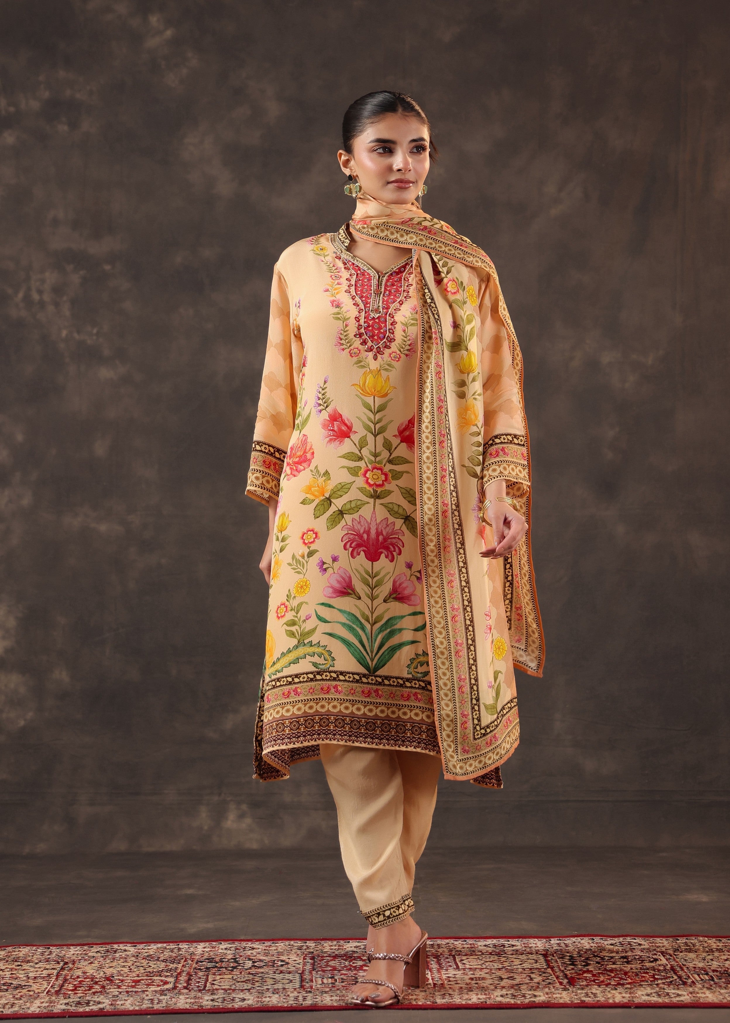 Warm Peach Printed Crepe Silk Pant Set
