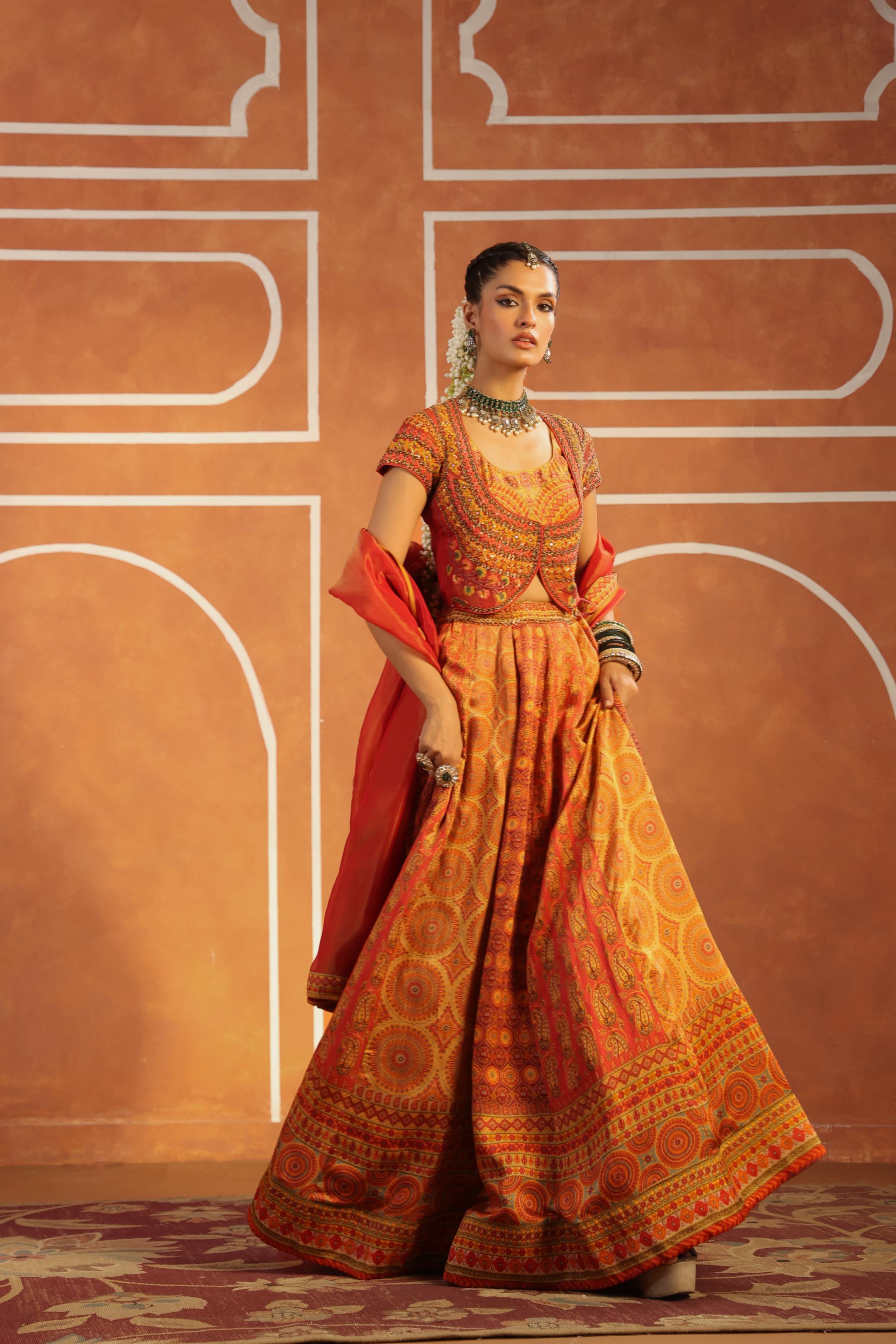 Multicolor Printed Linen Satin Silk Lehenga Set