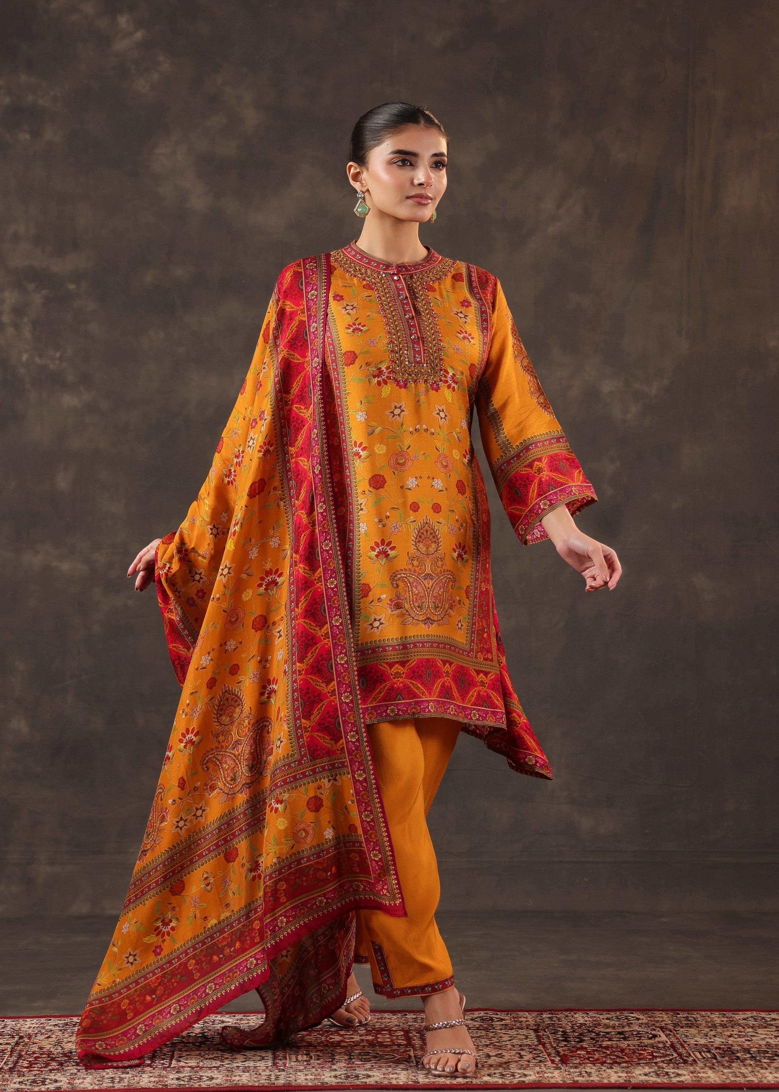 Poppy Orange Printed Dola Silk Pant Set
