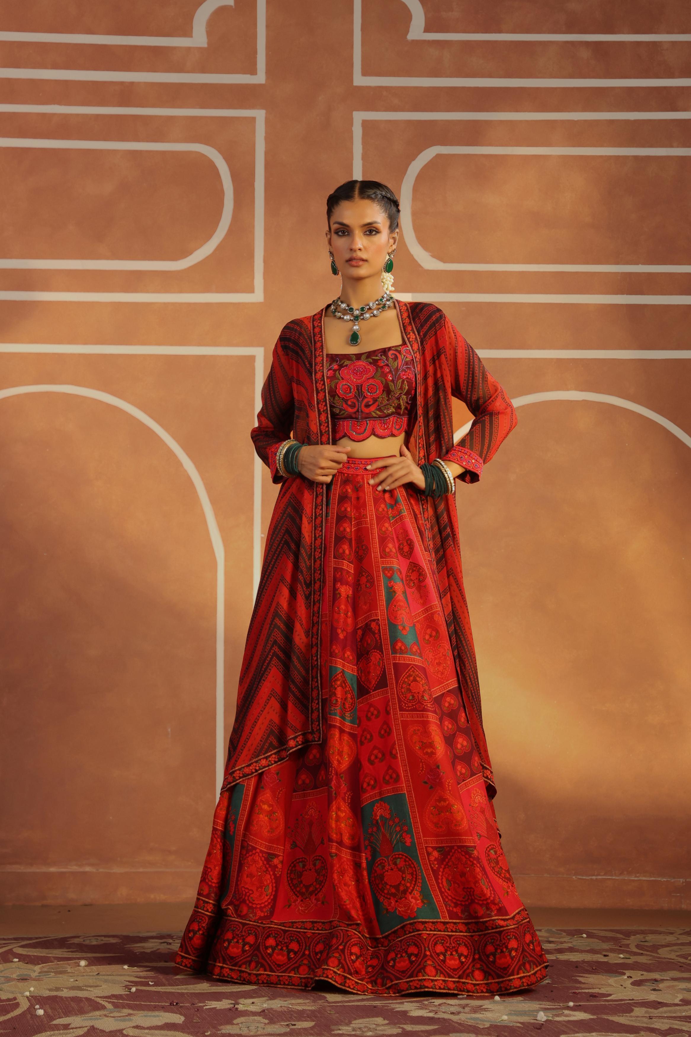 Crimson Red Printed Raw Silk Cape Set