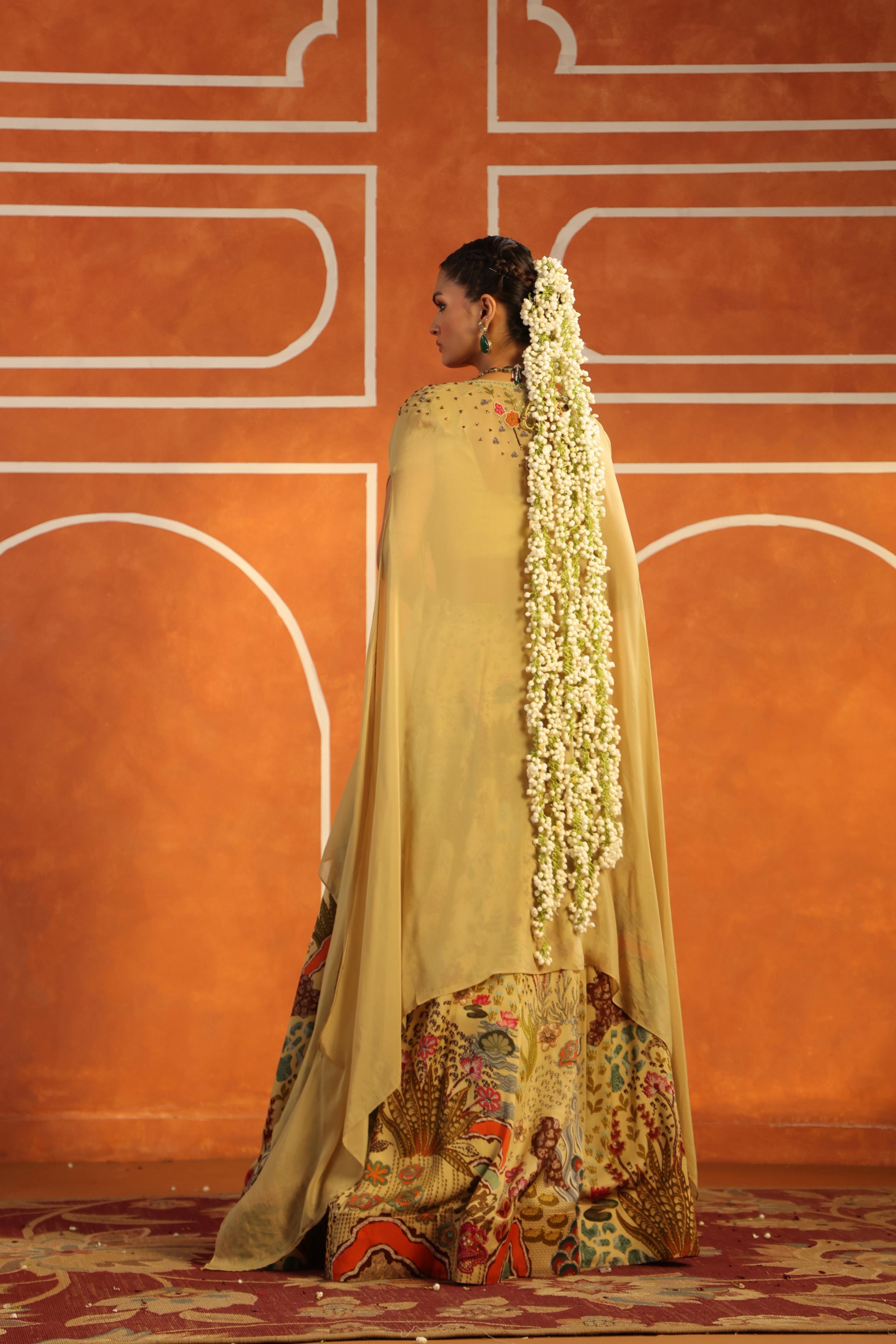 Pastel Yellow Printed Raw Silk Lehenga Cape Set