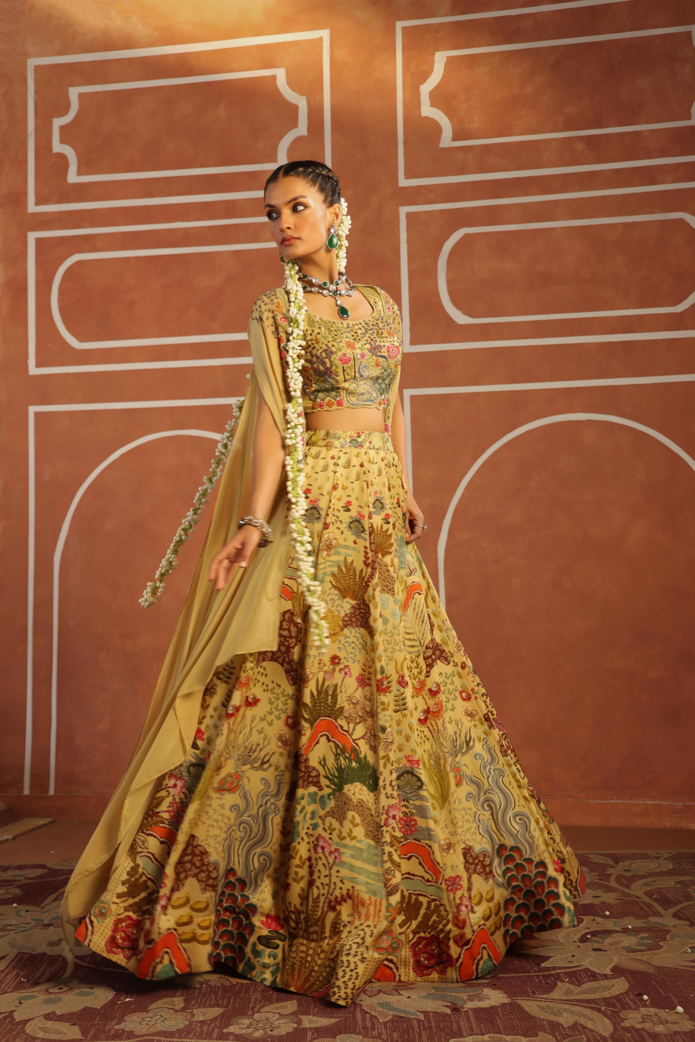 Pastel Yellow Printed Raw Silk Lehenga Cape Set