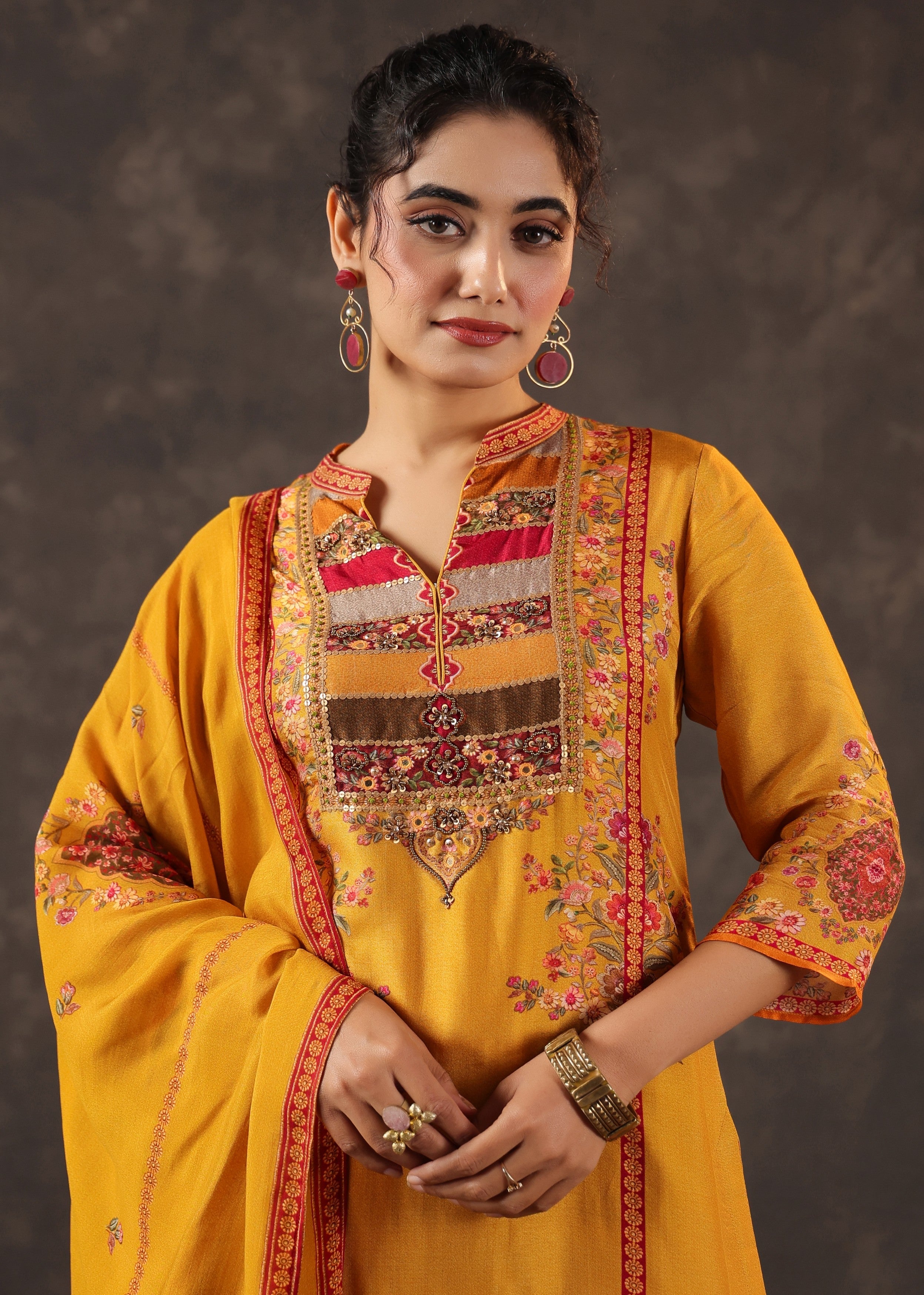 Dark Marigold Embellished Premium Silk Pant Set