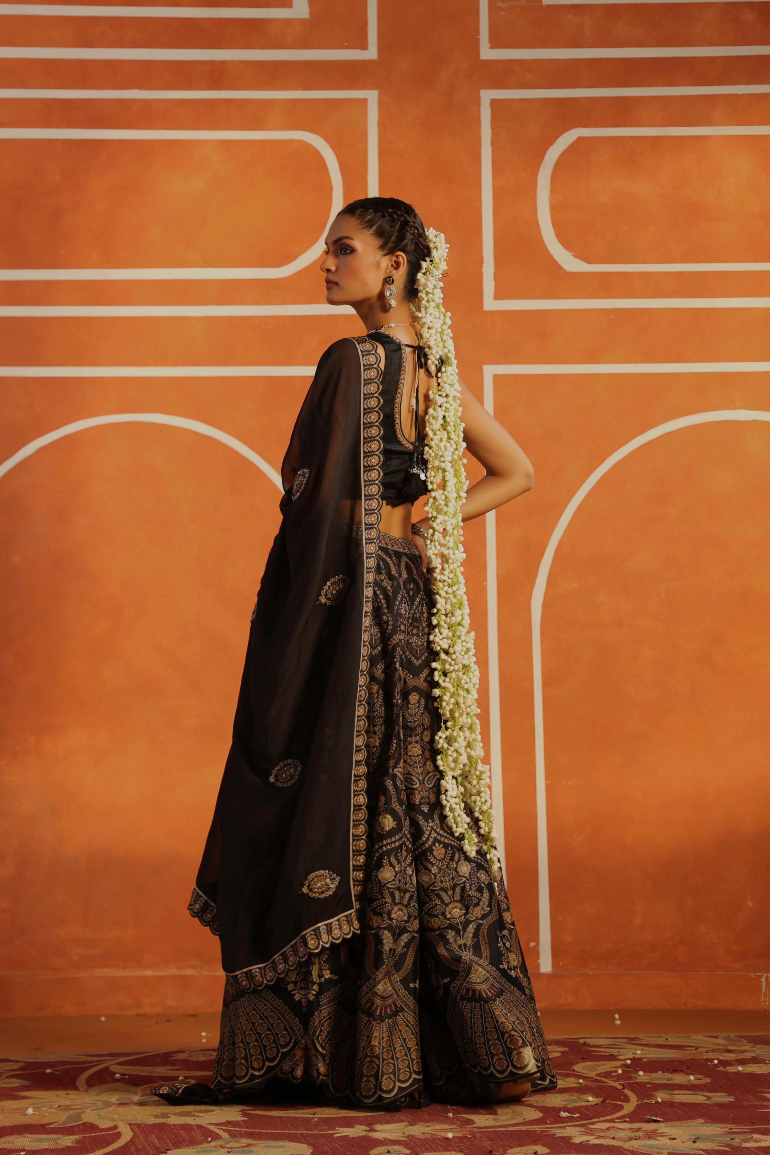 Black Printed Organza Silk Sharara Set