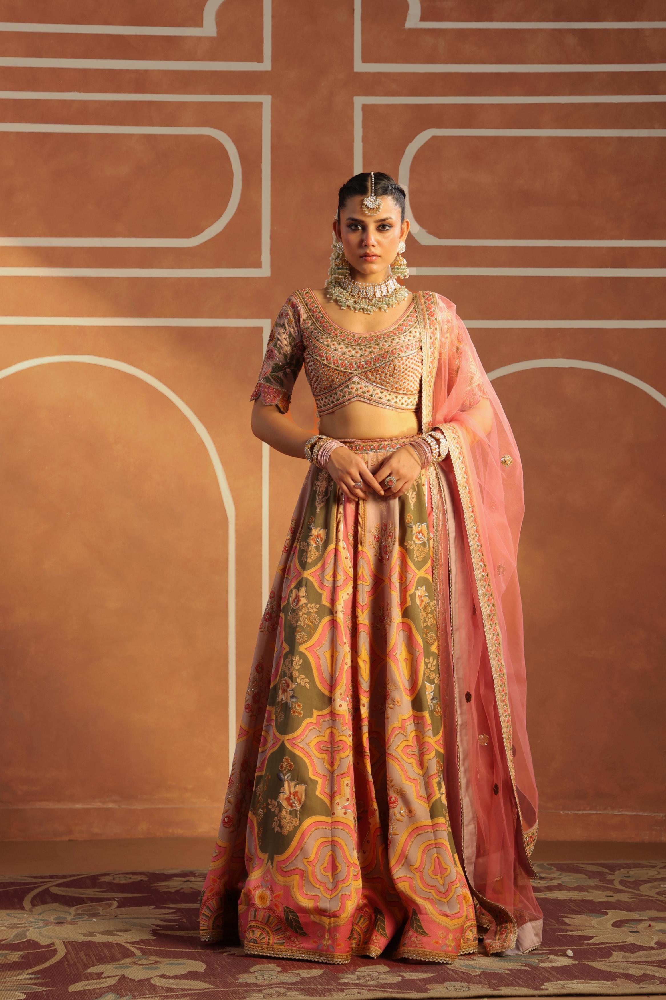 Blush Peach Embellished Linen Satin Lehenga Set
