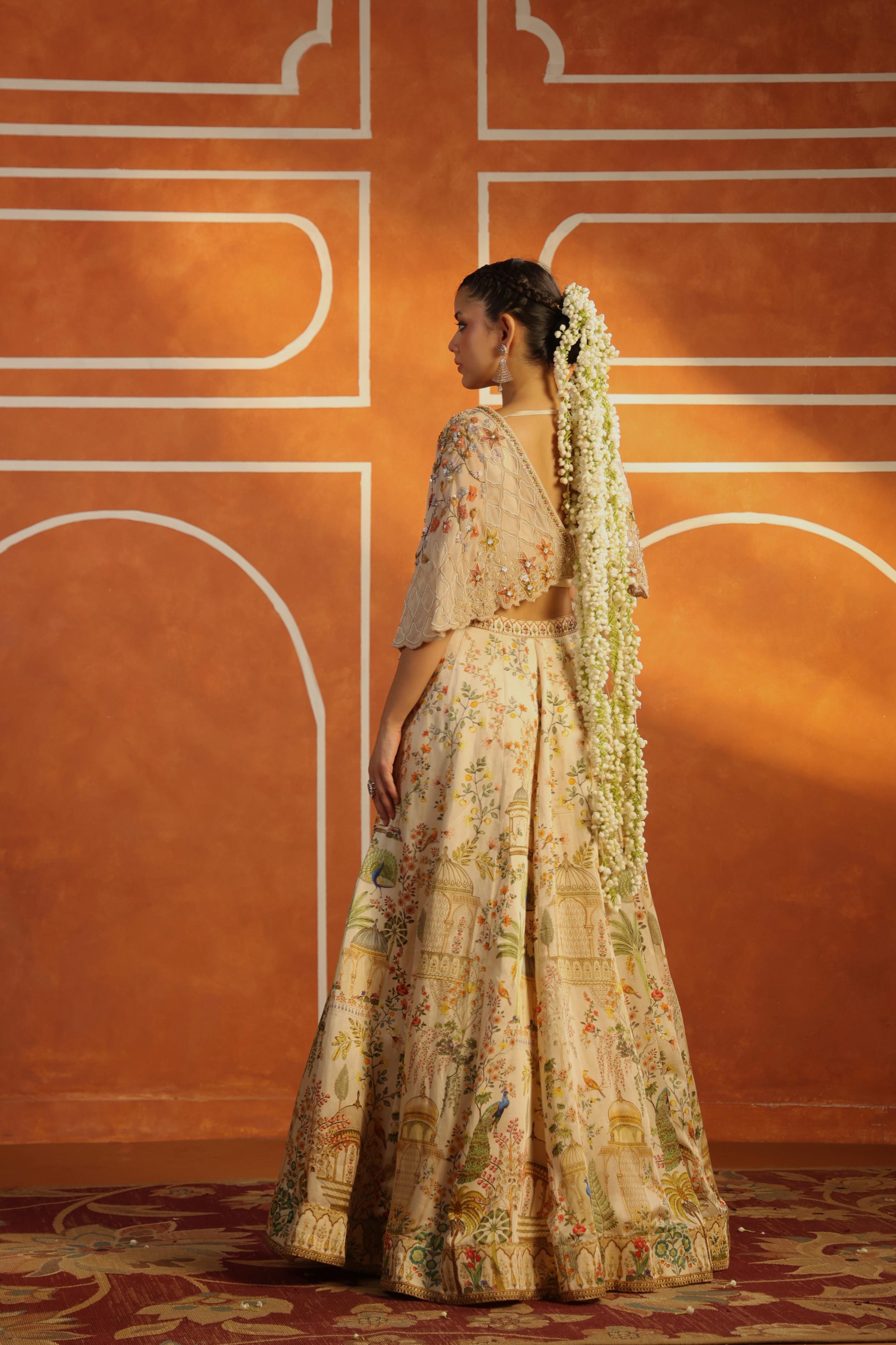 Beige Printed Linen Satin Silk Lehenga Set