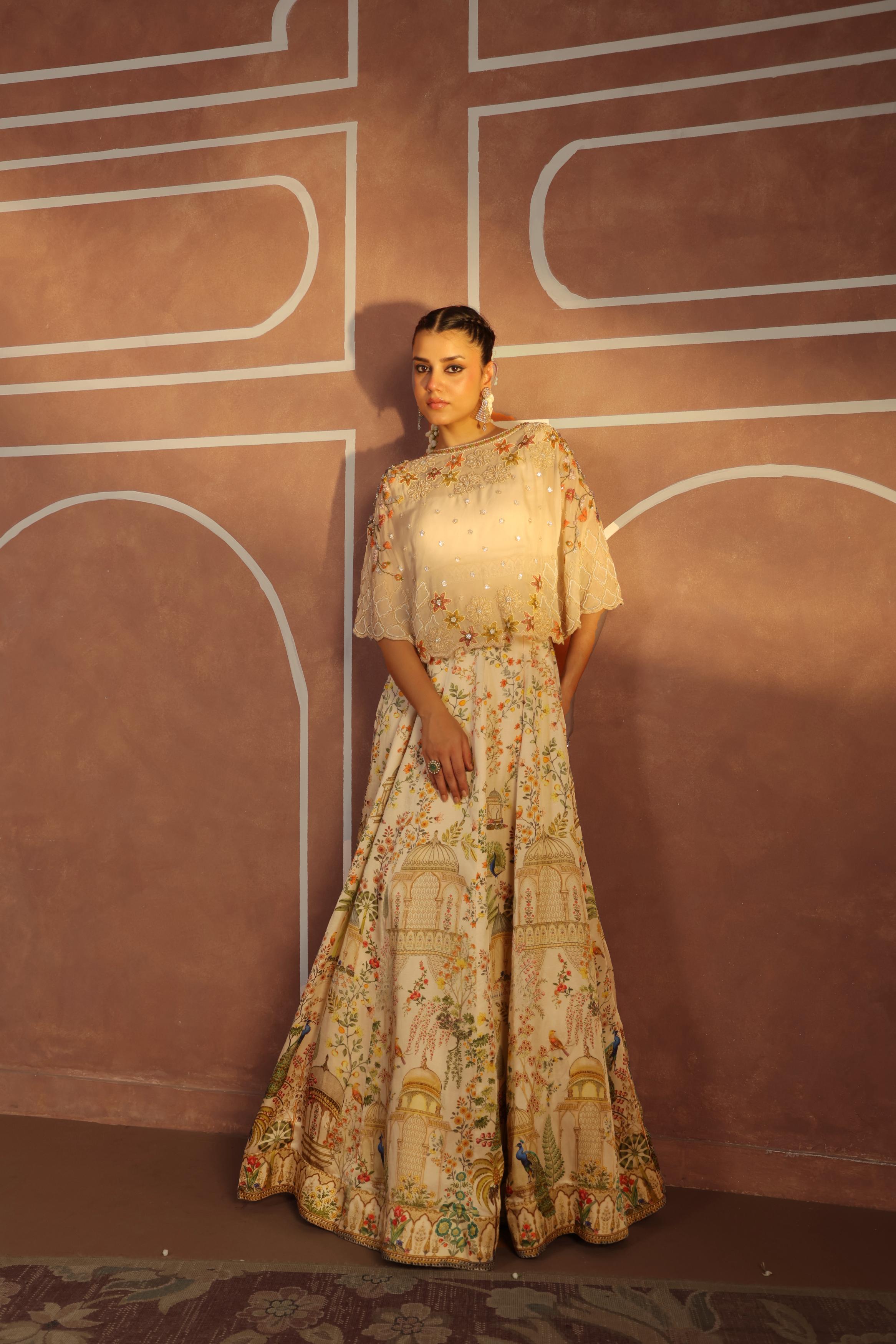 Beige Printed Linen Satin Silk Lehenga Set
