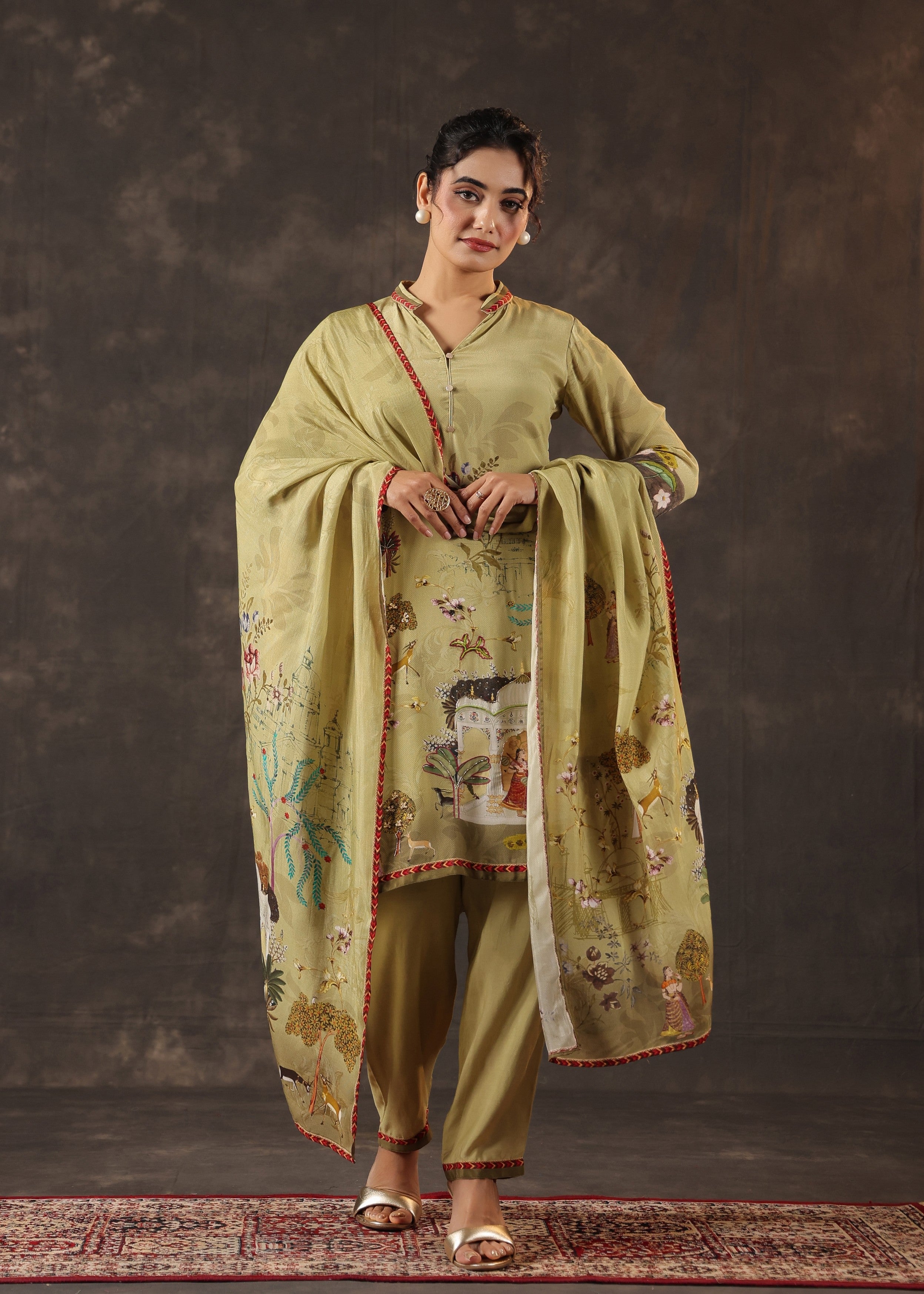 Key Lime Green Printed Crepe Silk Pant Set