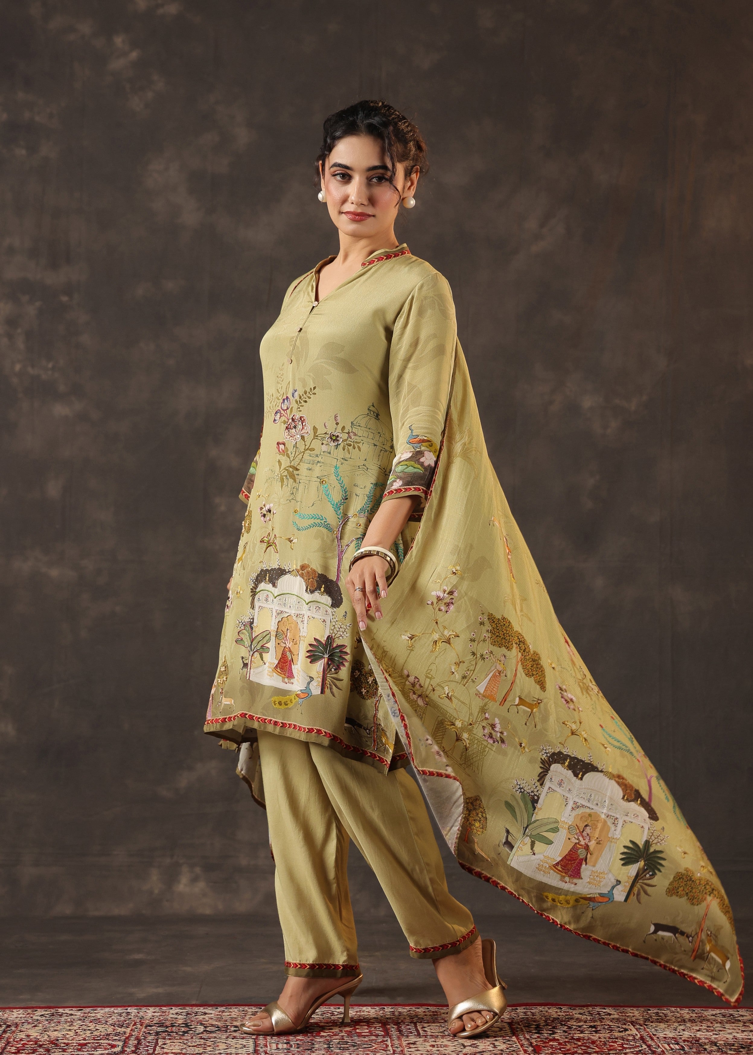 Key Lime Green Printed Crepe Silk Pant Set