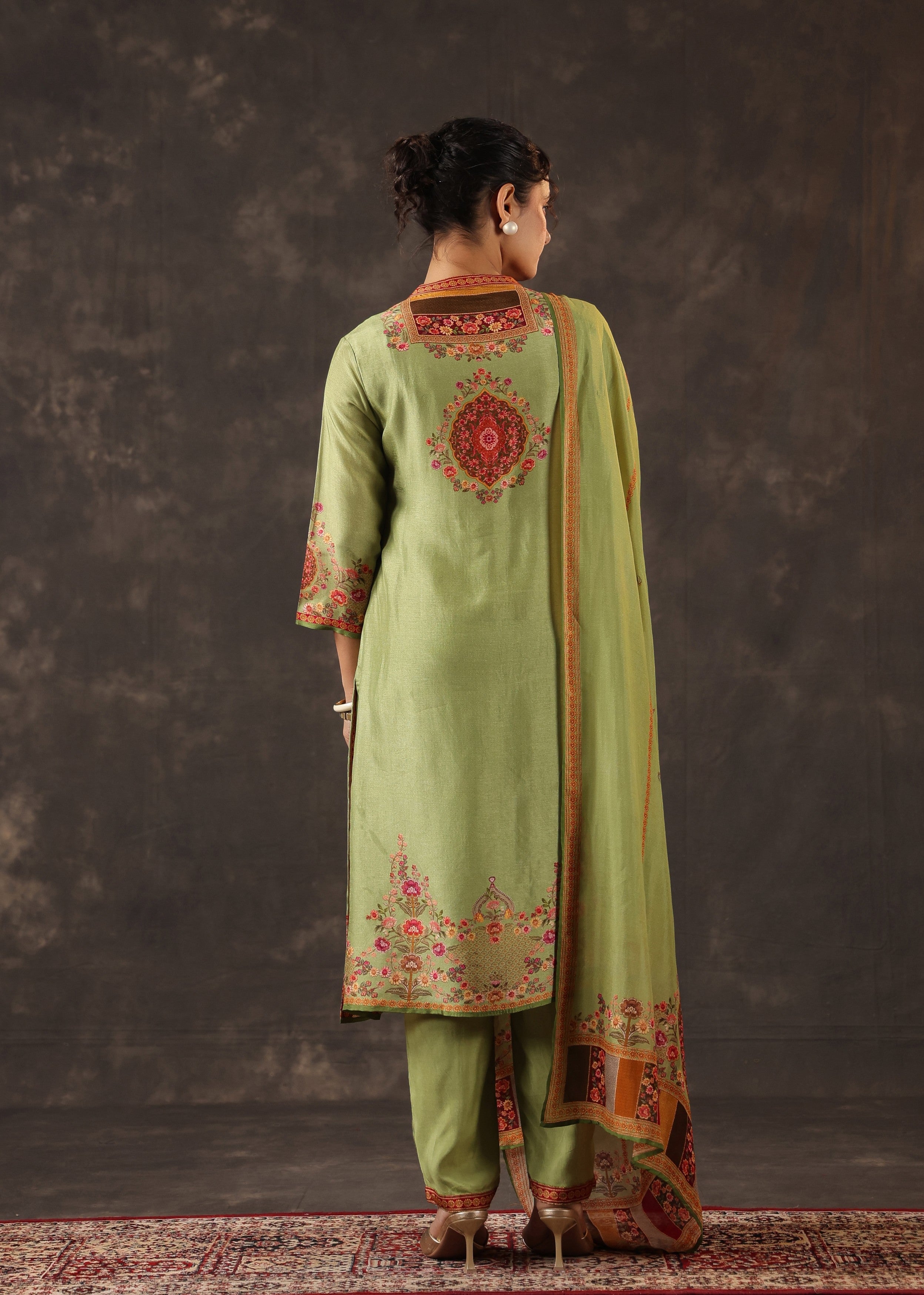 Pistachio Green Embellished Premium Silk Pant Set