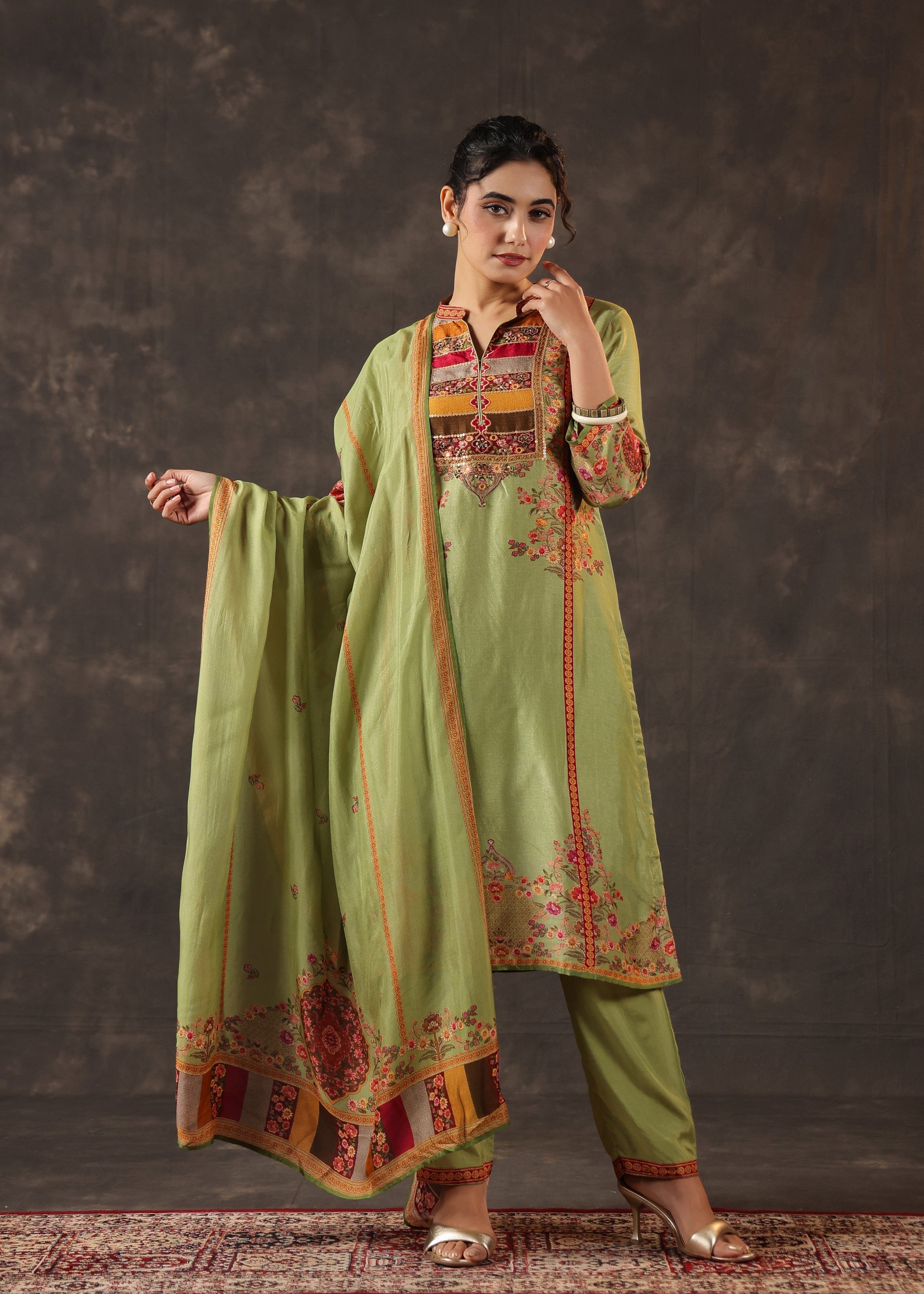 Pistachio Green Embellished Premium Silk Pant Set