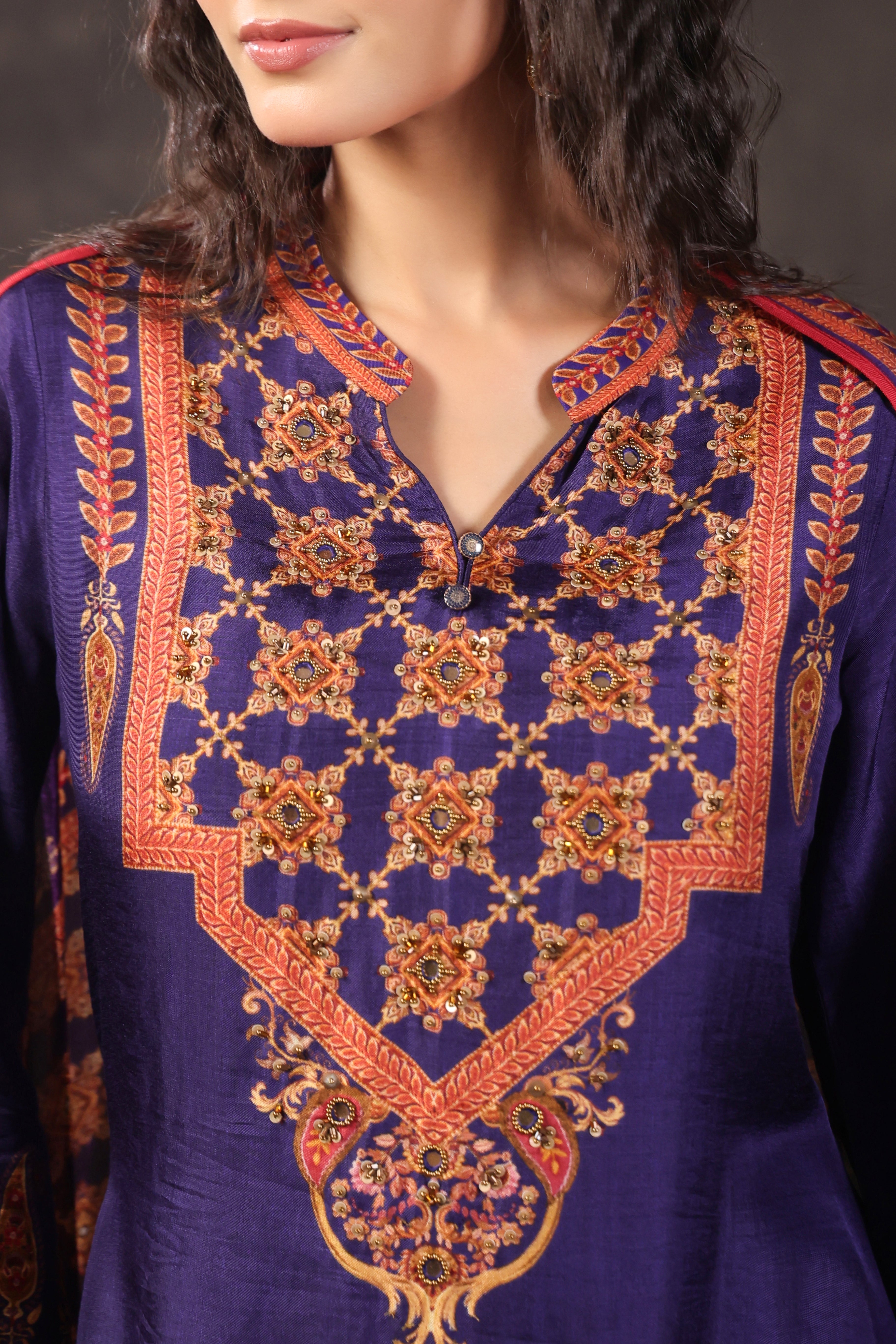 Royal Purple Printed Dola Silk Pant Set