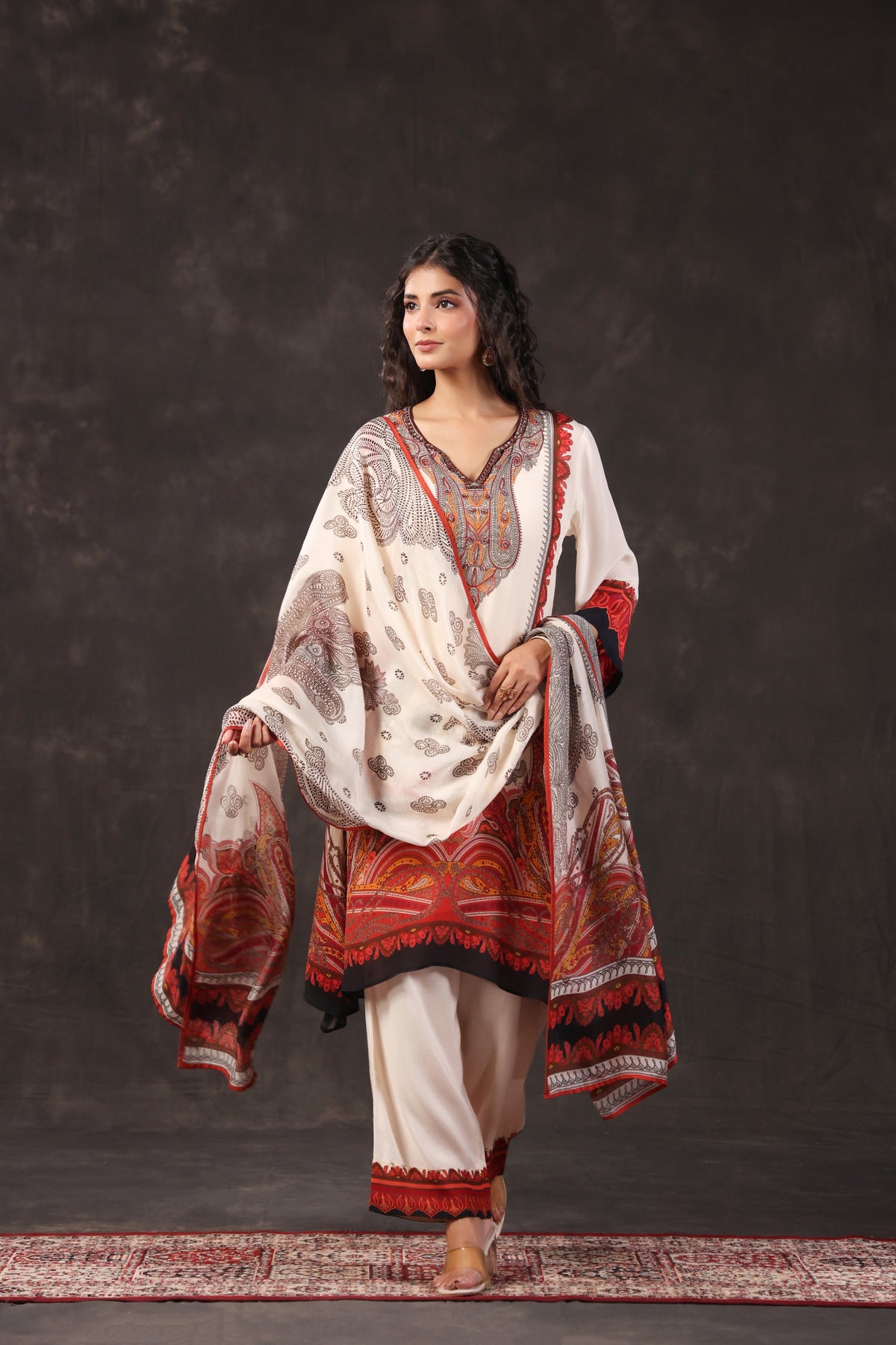 Ivory Cream Printed Crepe Silk Pant Set
