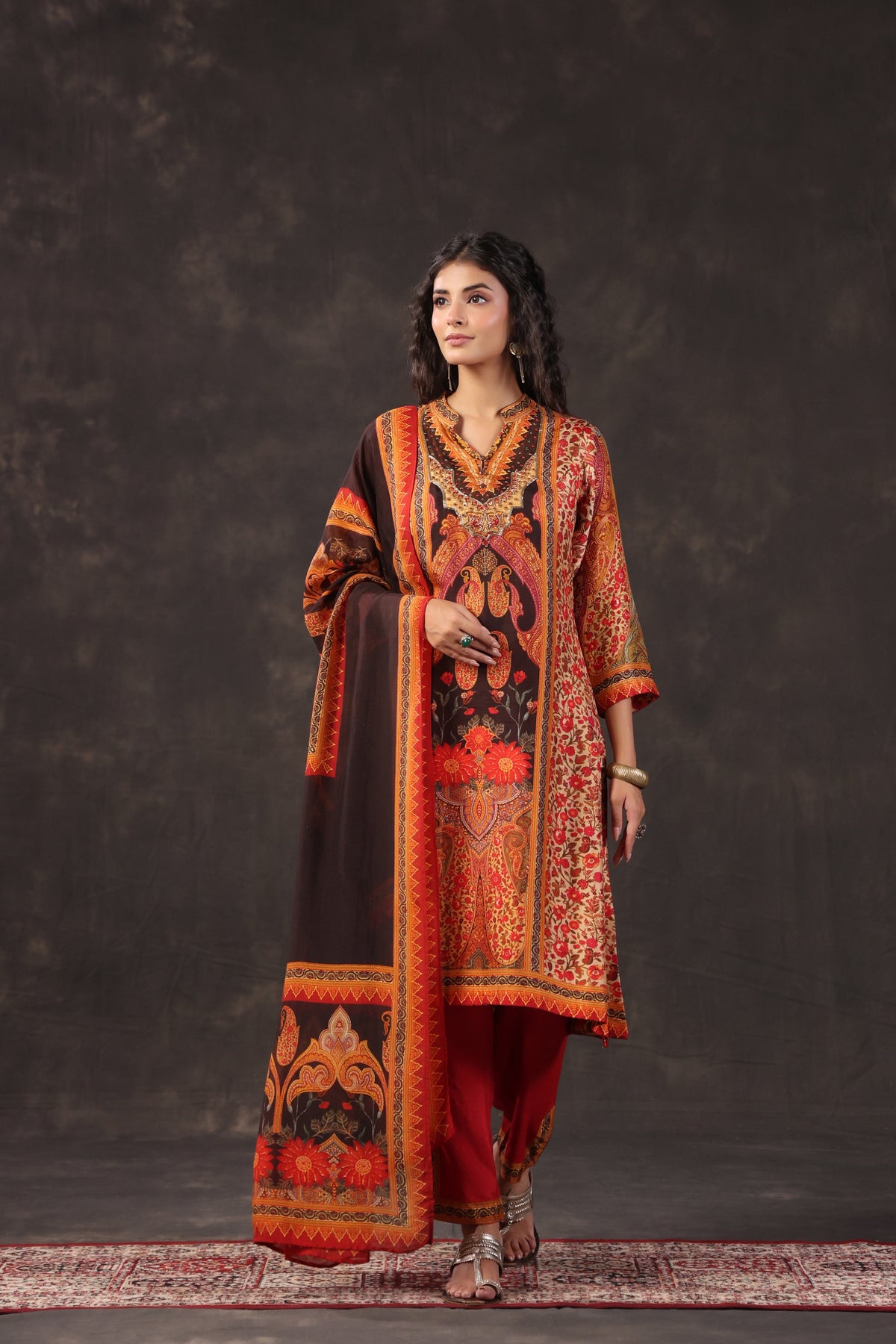 Terracotta Printed Dola Silk Pant Set
