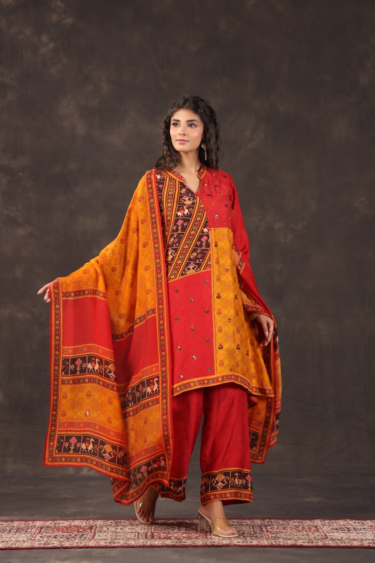 Multicolor Printed Dola Silk Pant Set