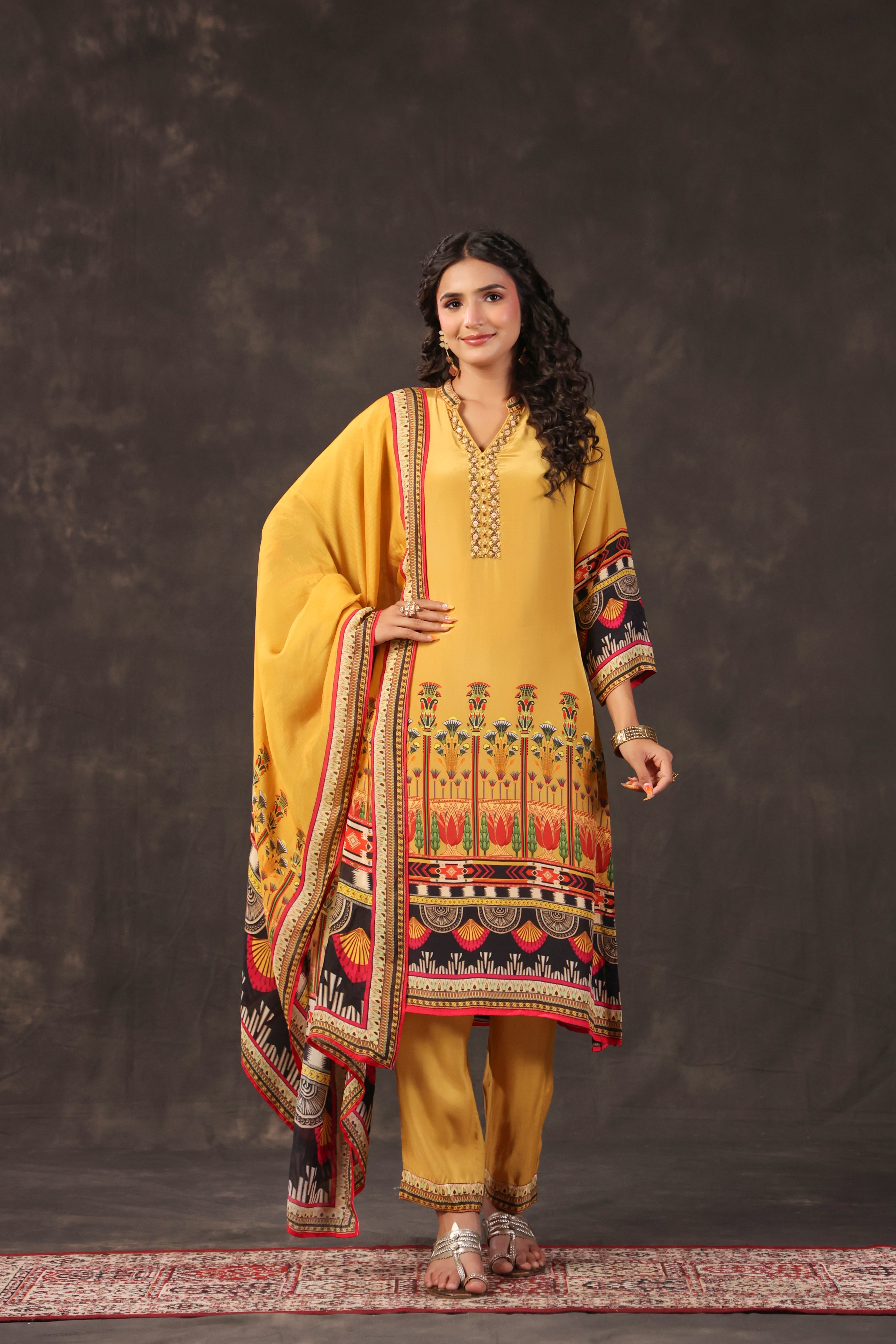Mustard Yellow Printed Crepe Silk Pant Set