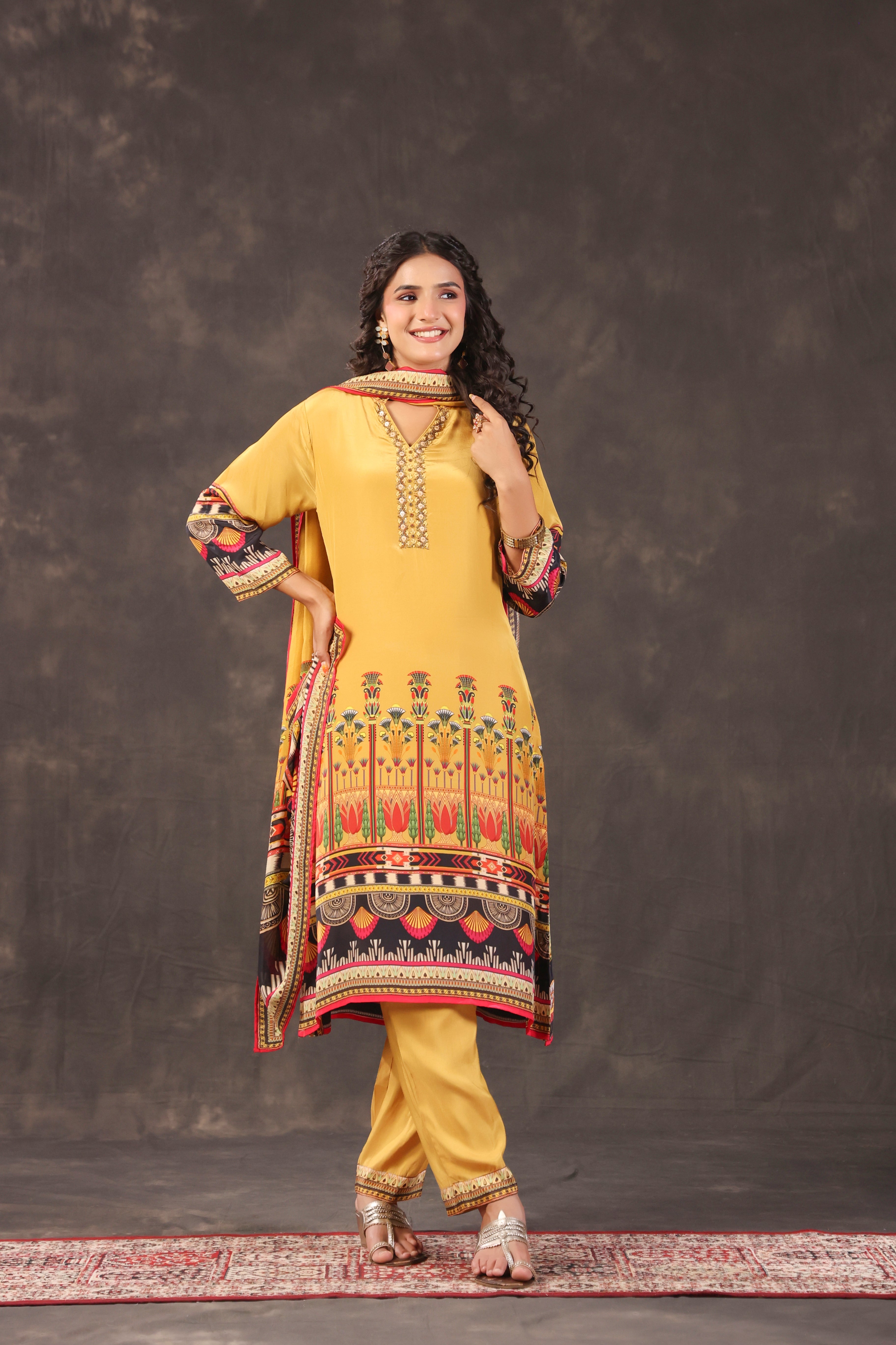 Mustard Yellow Printed Crepe Silk Pant Set