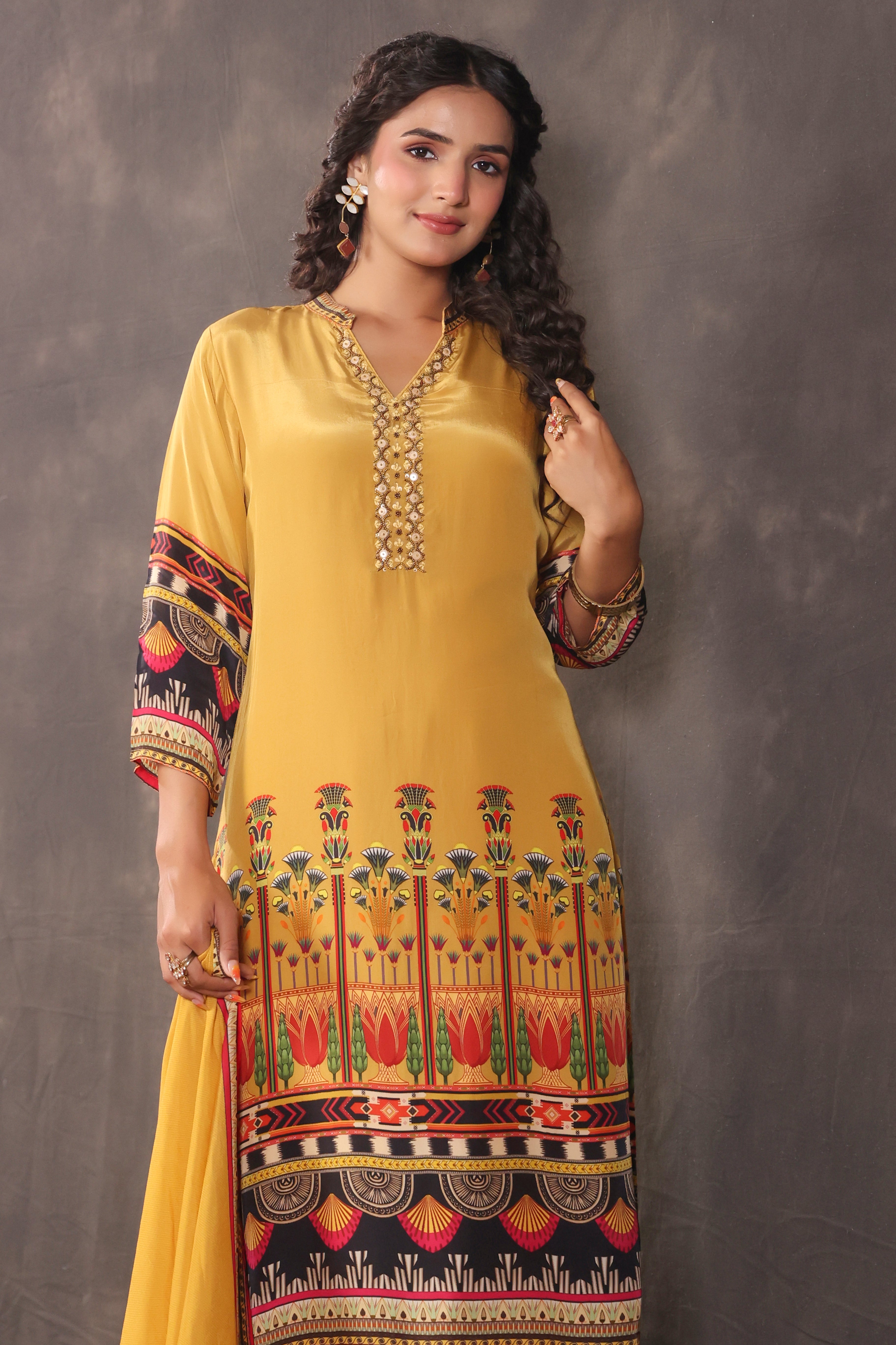 Mustard Yellow Printed Crepe Silk Pant Set
