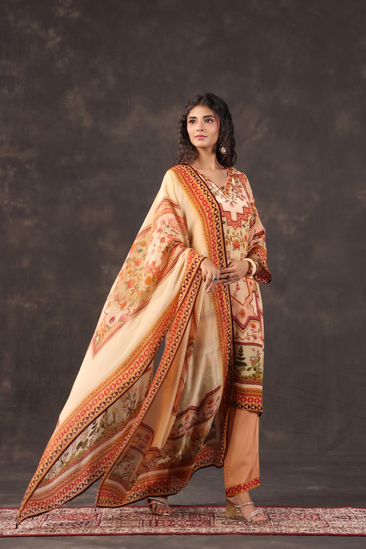 Peach Warm Printed Crepe Silk Pant Set