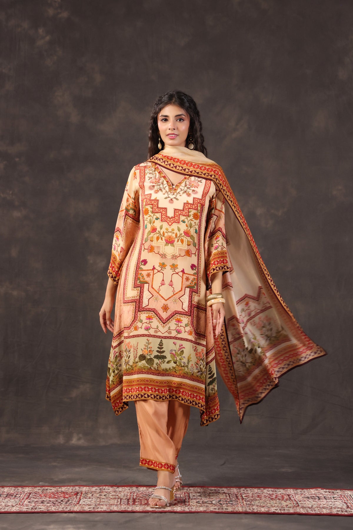 Peach Warm Printed Crepe Silk Pant Set