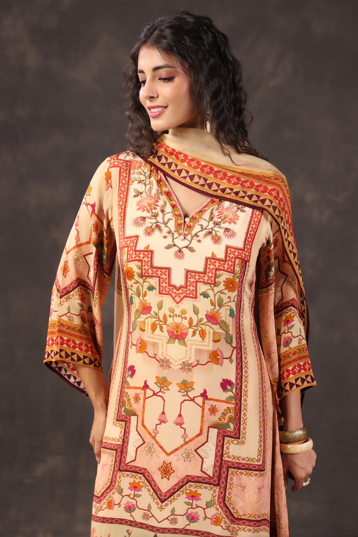Peach Warm Printed Crepe Silk Pant Set