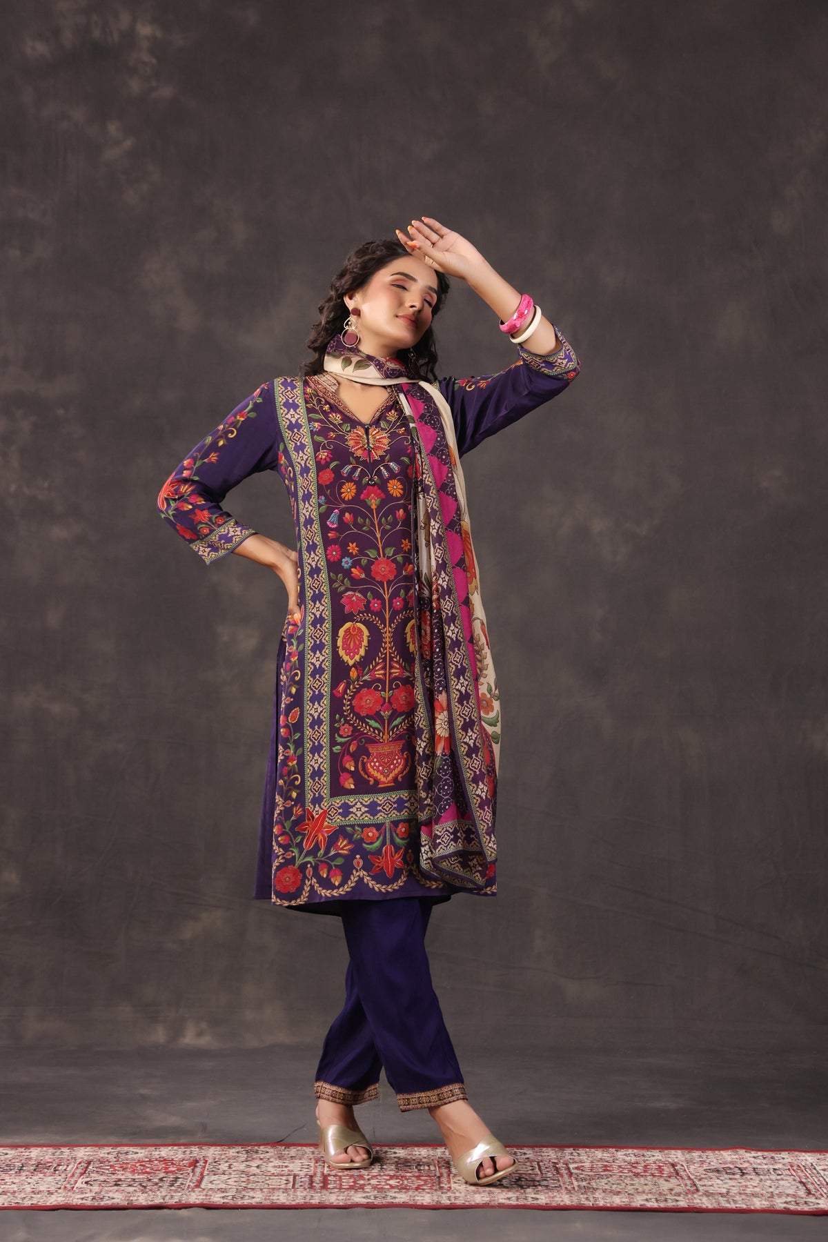 Indigo Floral Printed Crepe Silk Pant Set