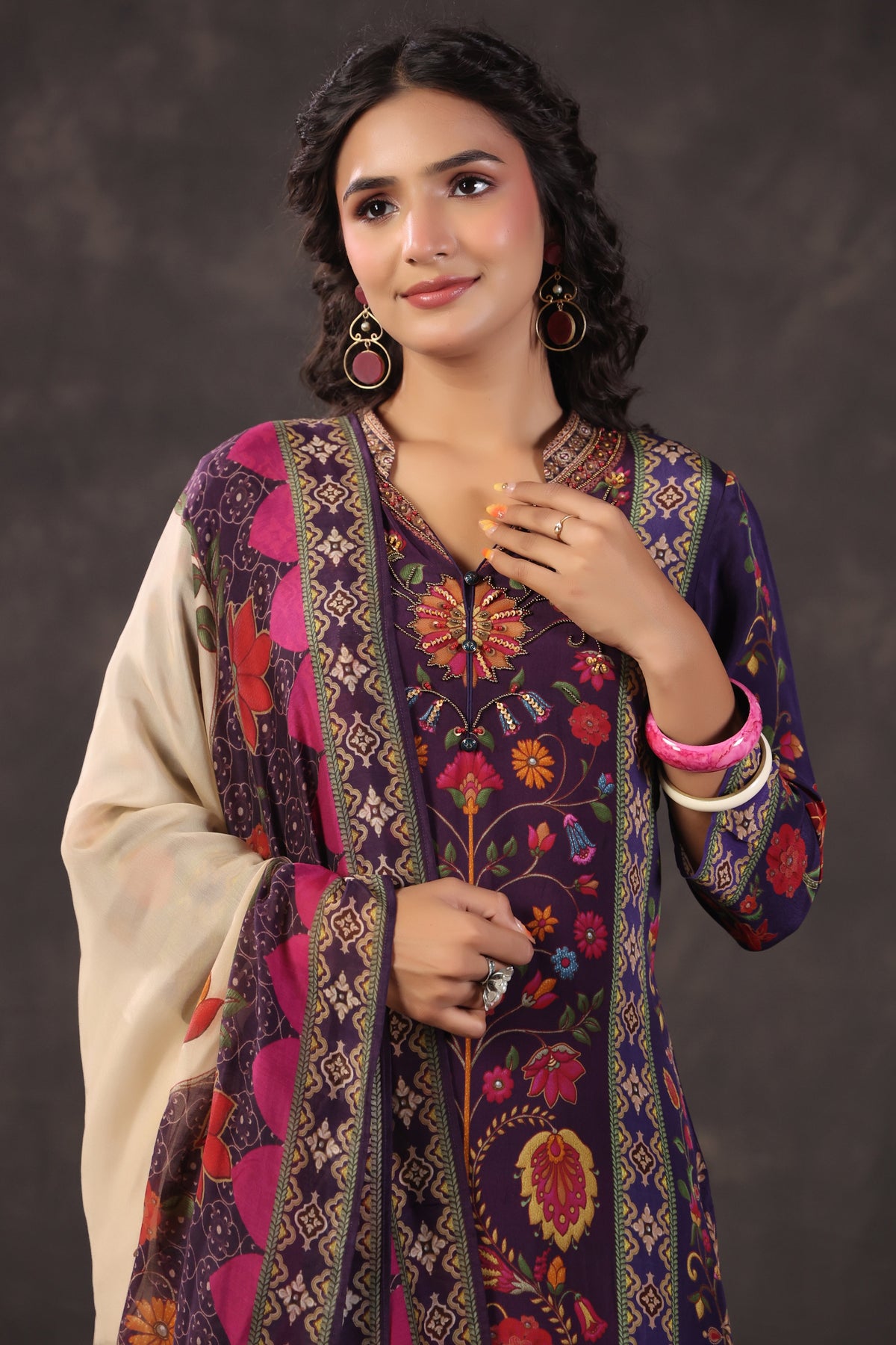 Indigo Floral Printed Crepe Silk Pant Set