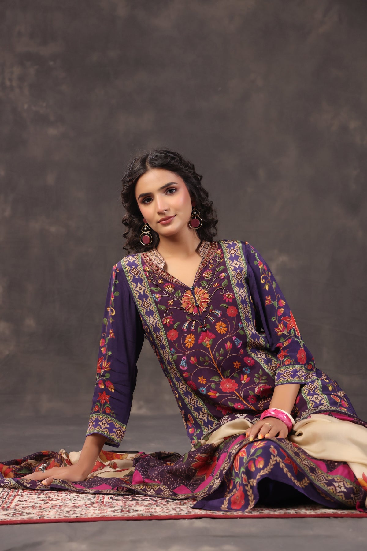 Indigo Floral Printed Crepe Silk Pant Set