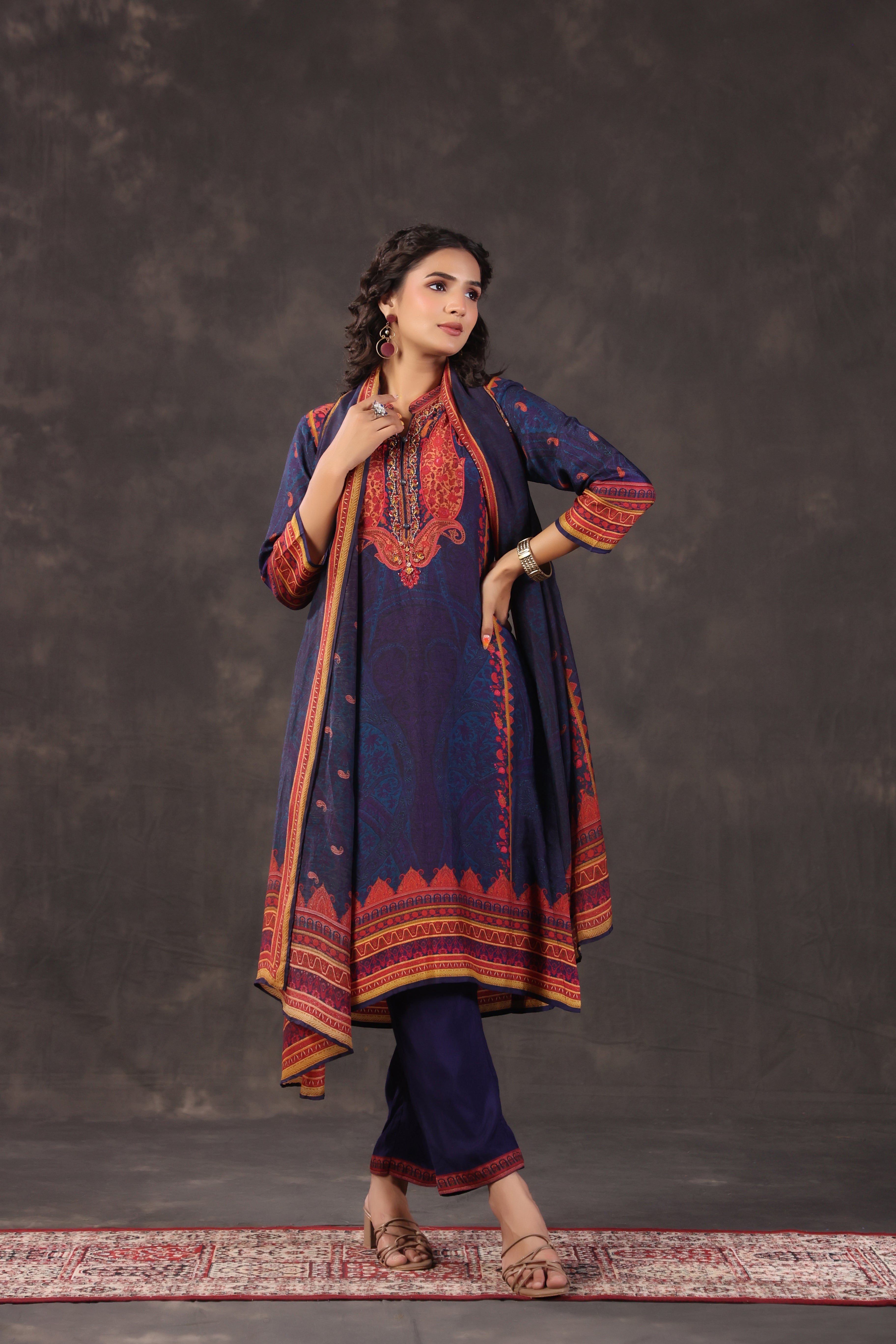 Navy Blue Printed Dola Silk Pant Set