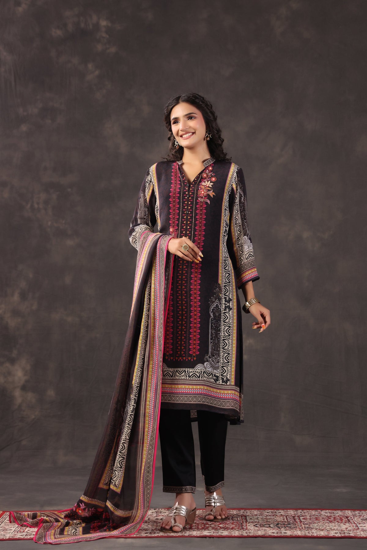 Charcoal Black Printed Crepe Silk Pant Set