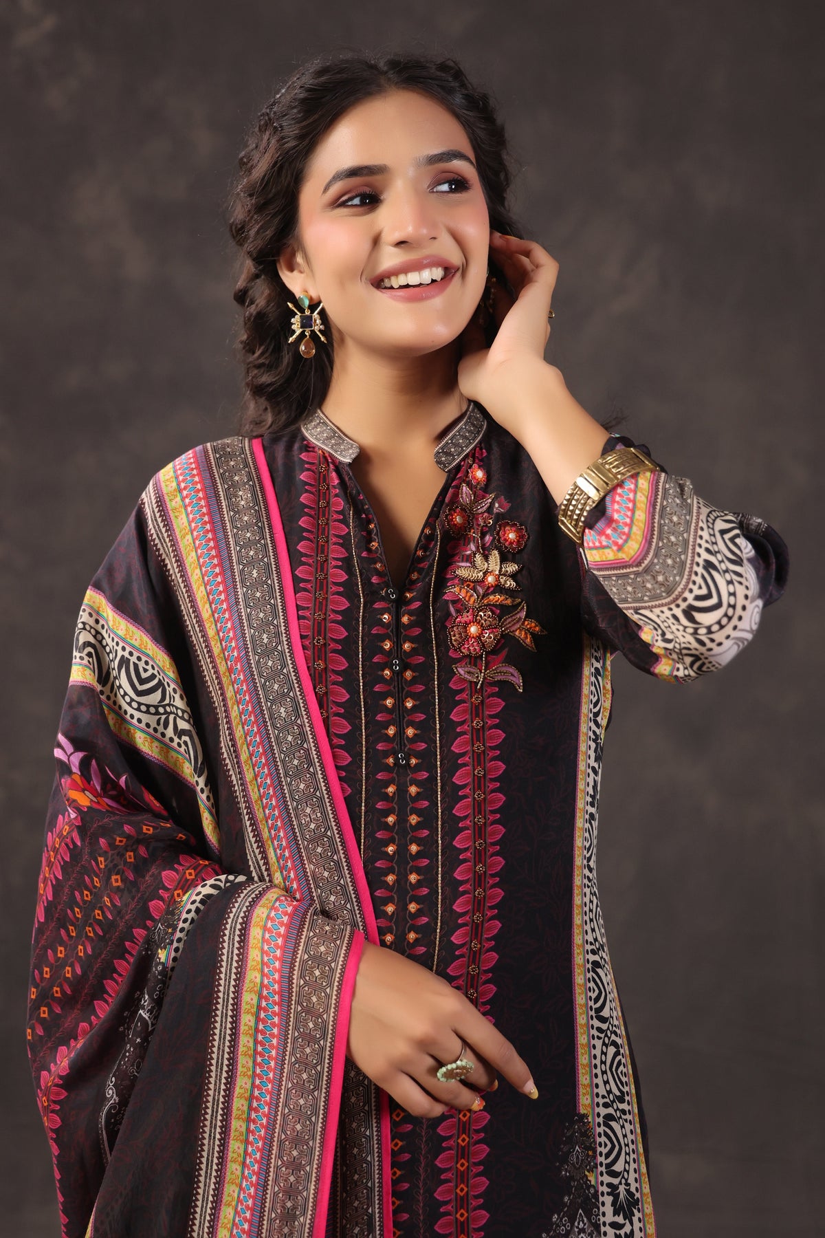 Charcoal Black Printed Crepe Silk Pant Set
