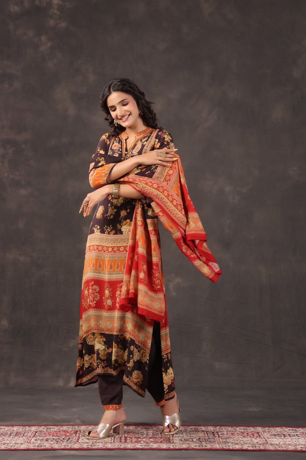Espresso Printed Crepe Silk Pant Set