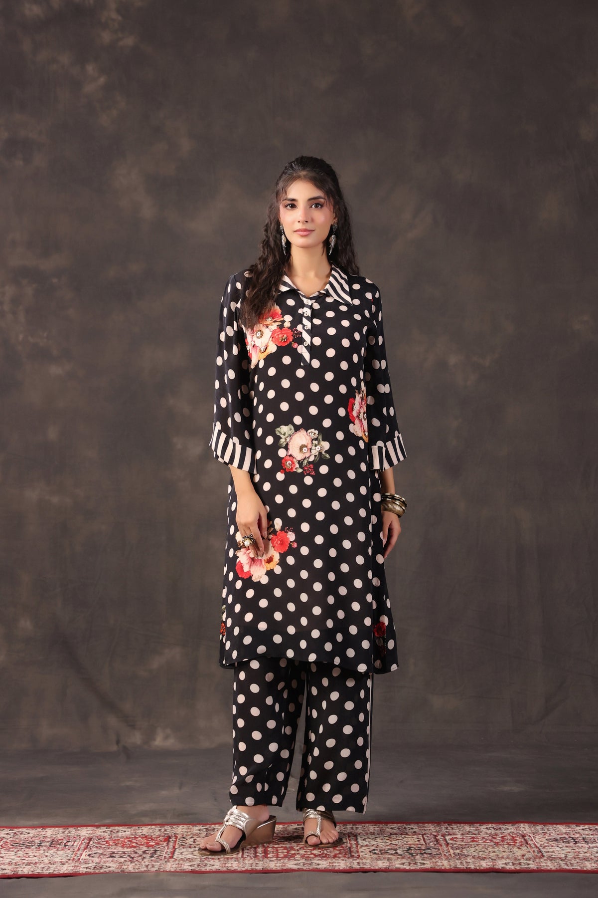 Black Polka Printed Crepe Silk Kurta Set