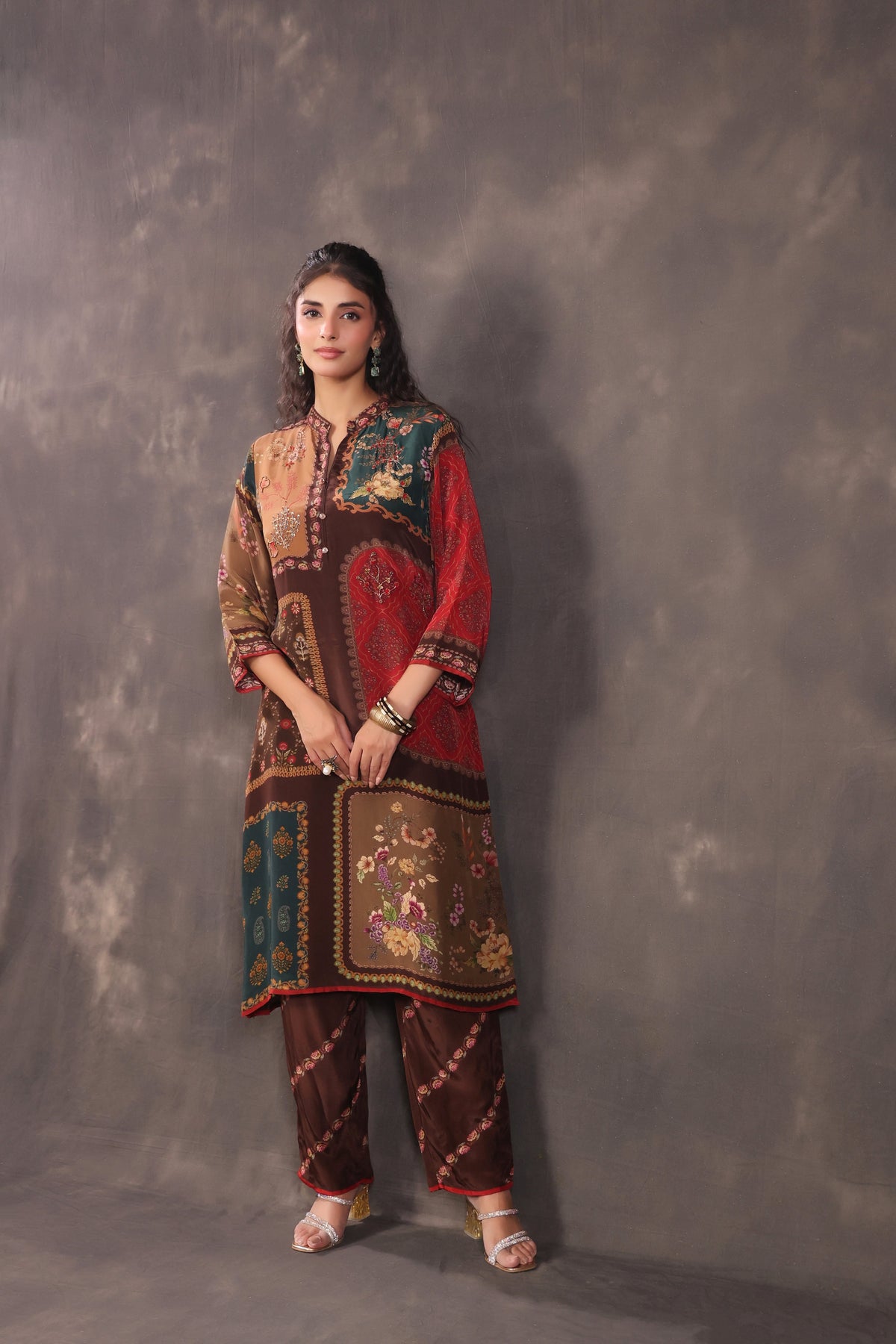 Earthy Patch Printed Crepe Silk Kurta Set