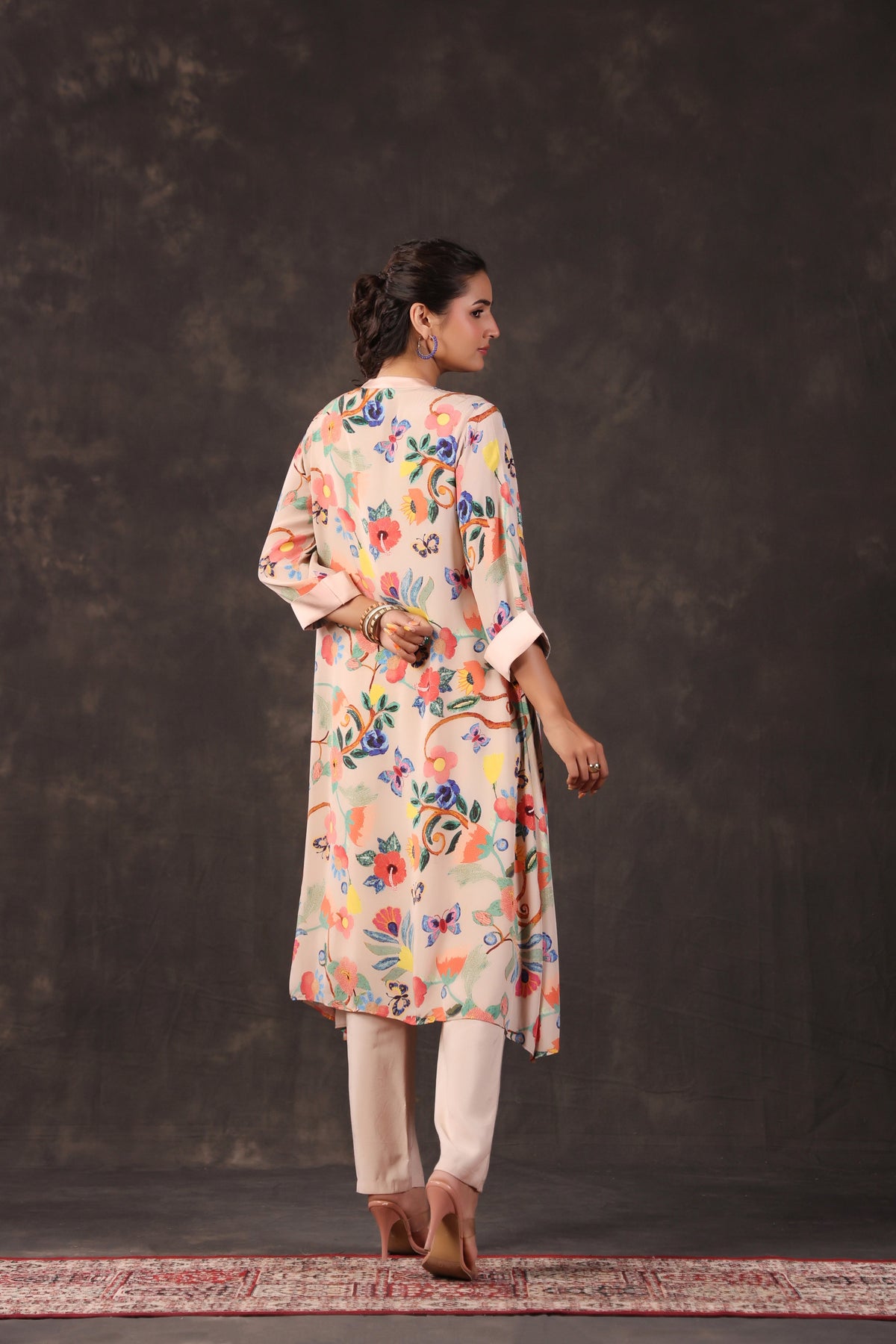 Pastel Peach Printed Crepe Silk Kurta Set