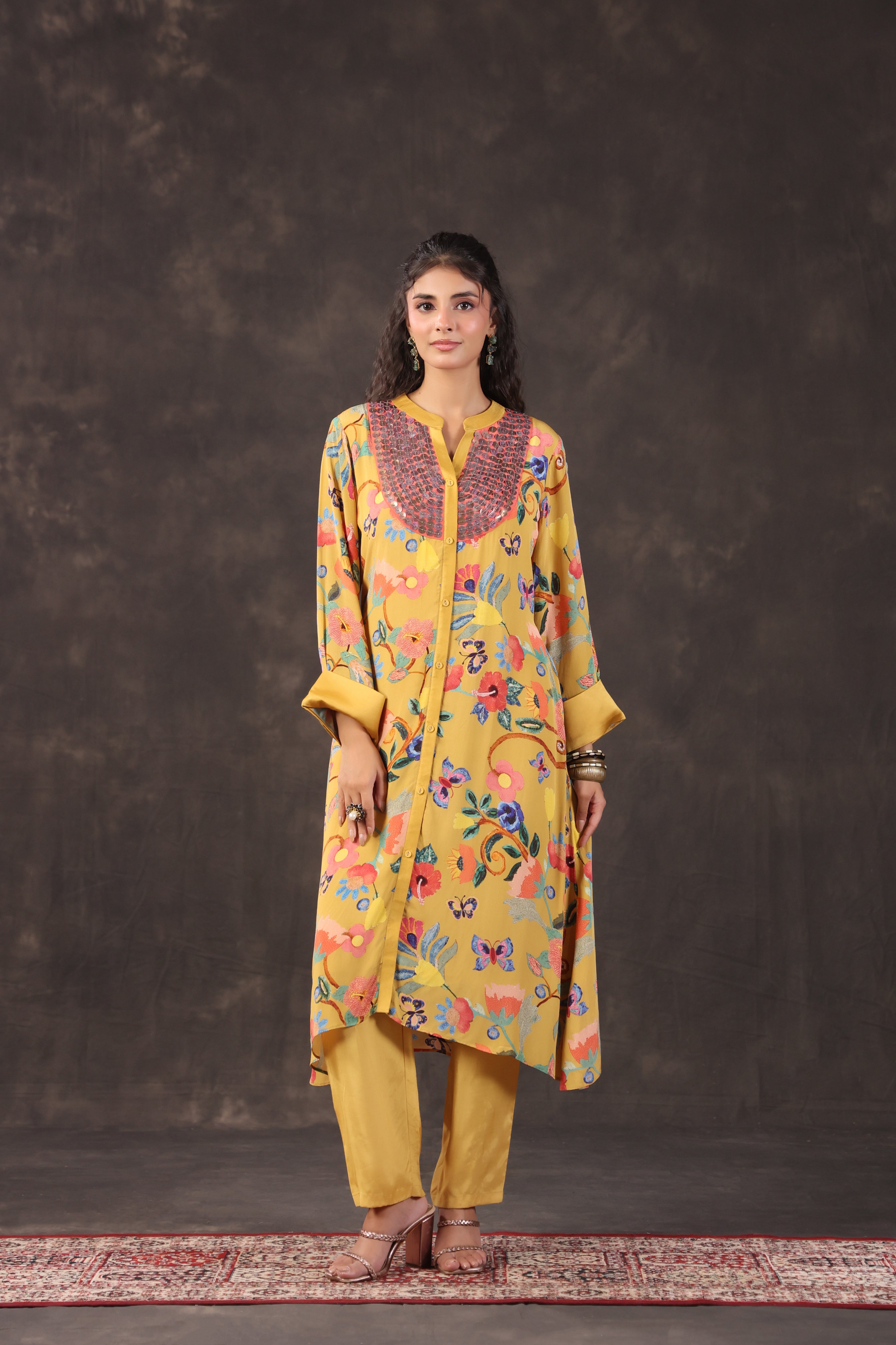 Mustard Yellow Printed Crepe Silk Kurta Set