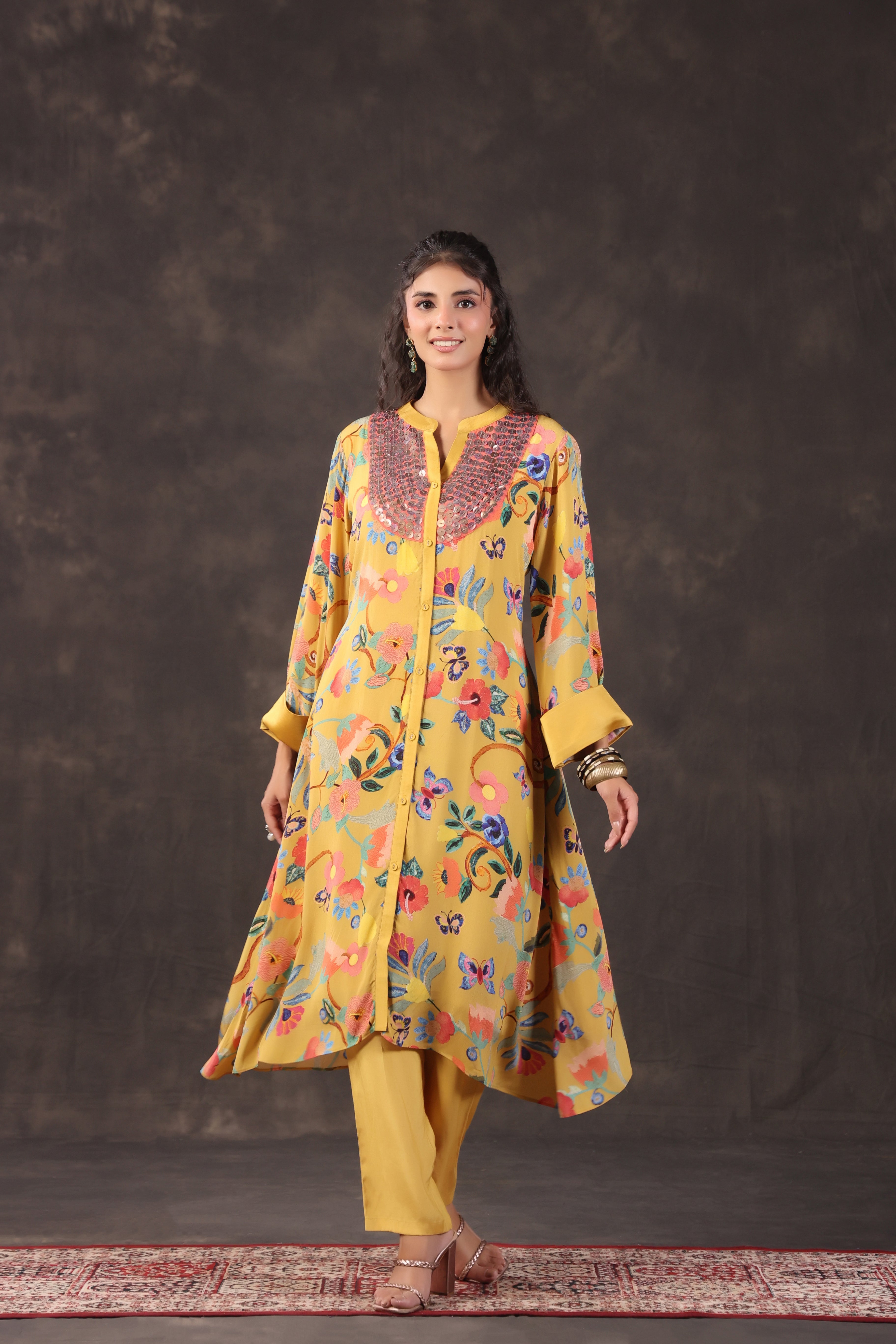 Mustard Yellow Printed Crepe Silk Kurta Set