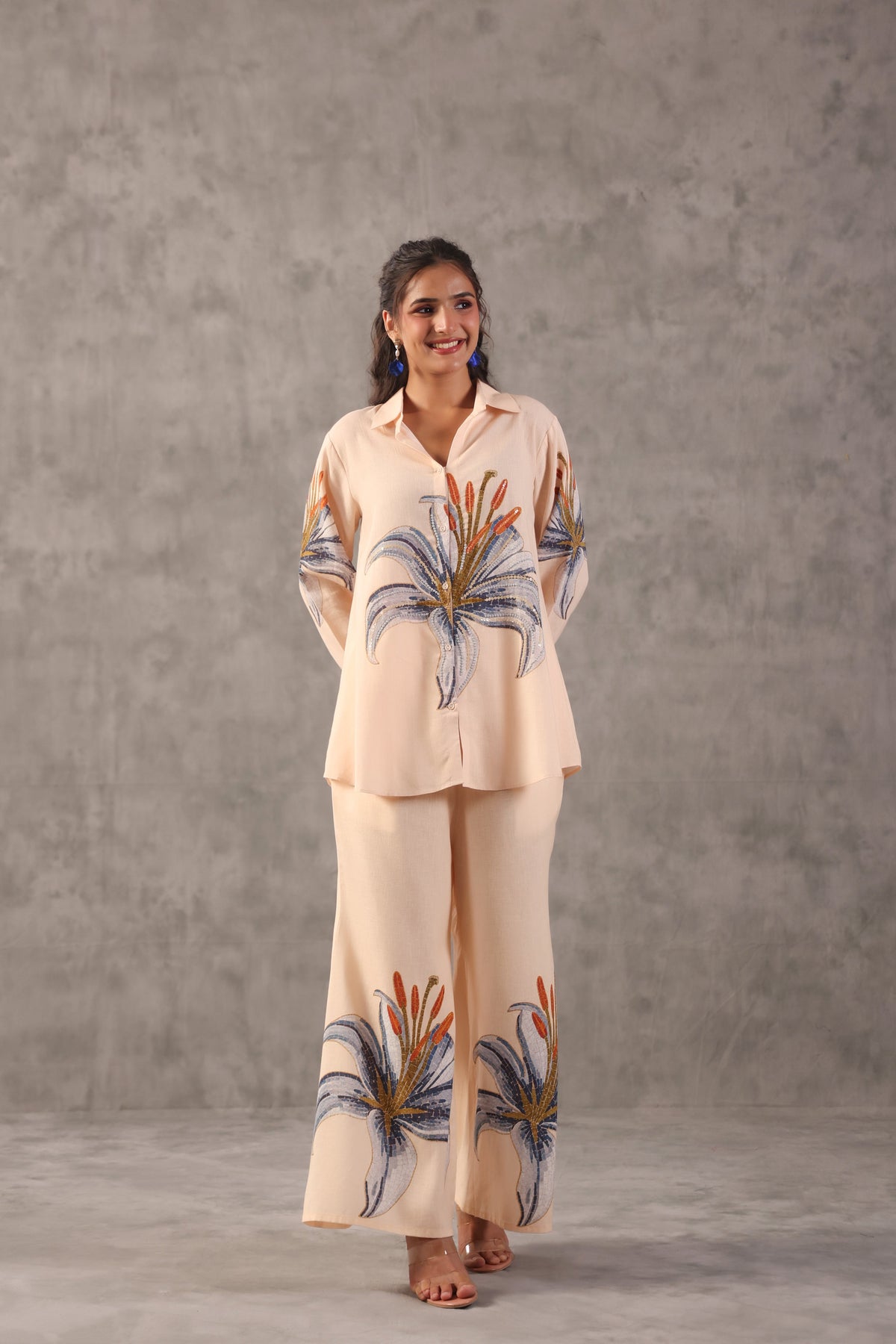 Powder Peach Embellished Linen Co-Ord Set