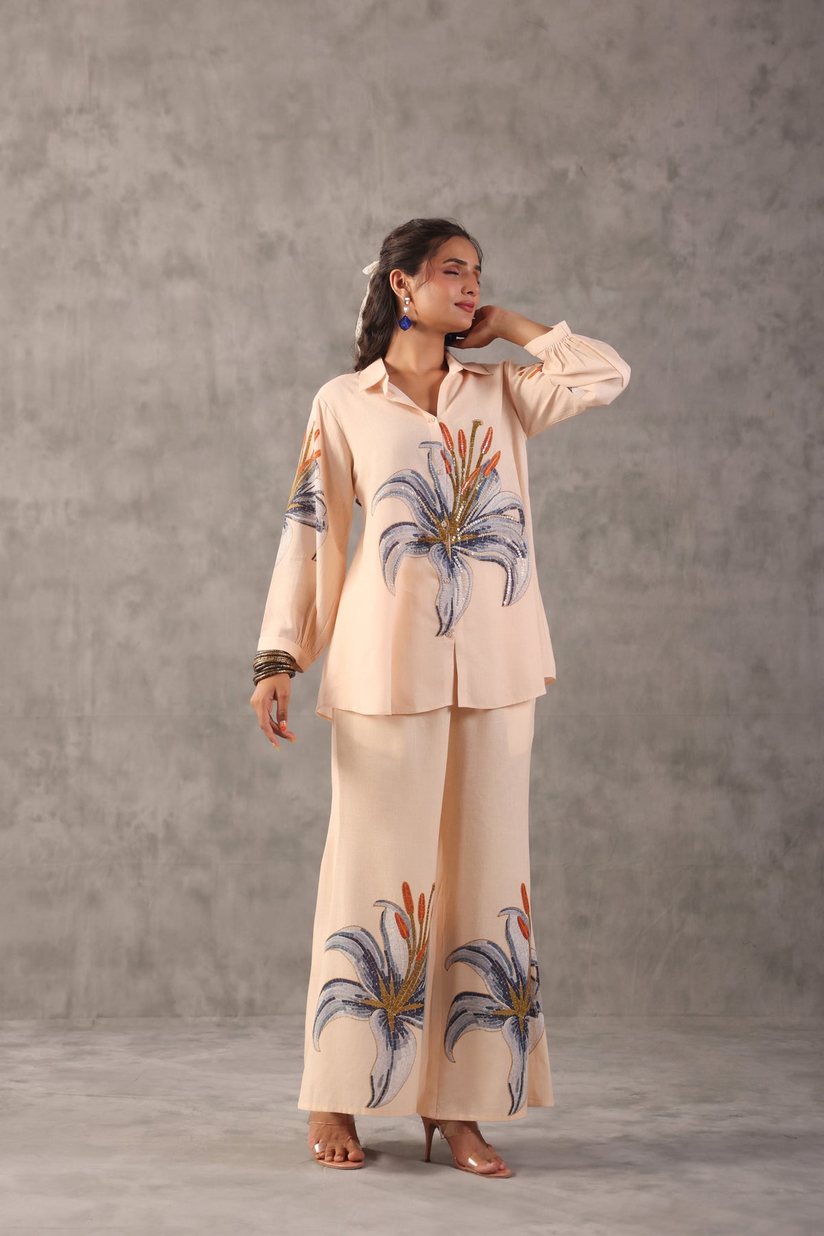 Powder Peach Embellished Linen Co-Ord Set