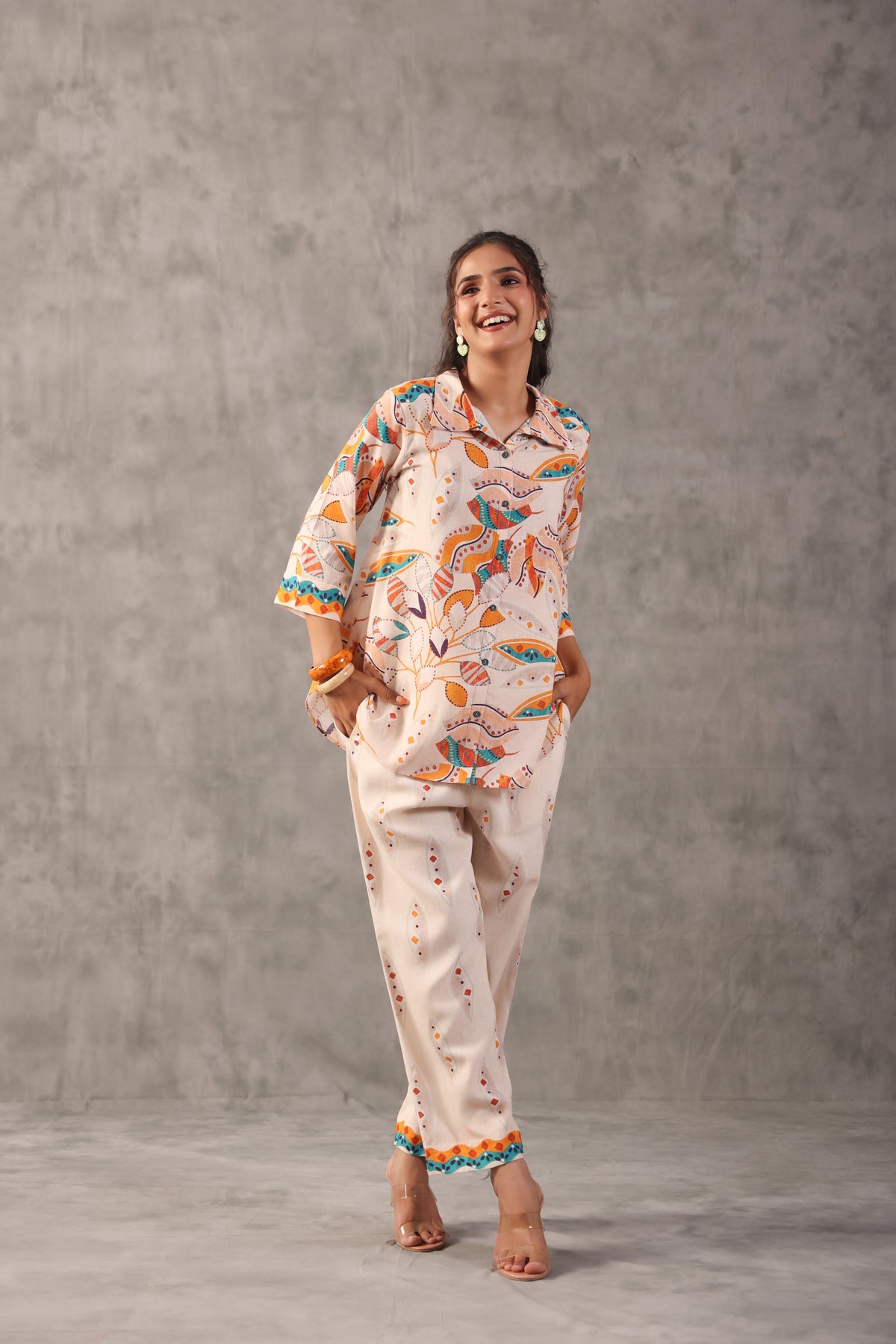 Ivory Cream Printed Linen Co-Ord Set