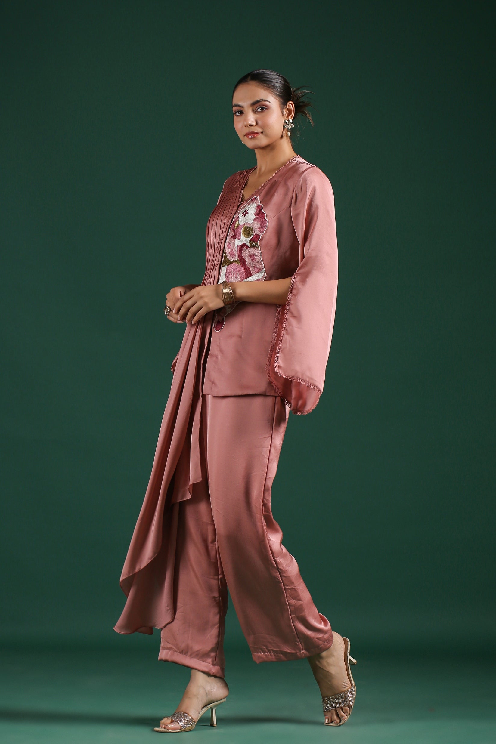 Rosewood Pink Embroidered Mulberry Silk Co-Ord Set