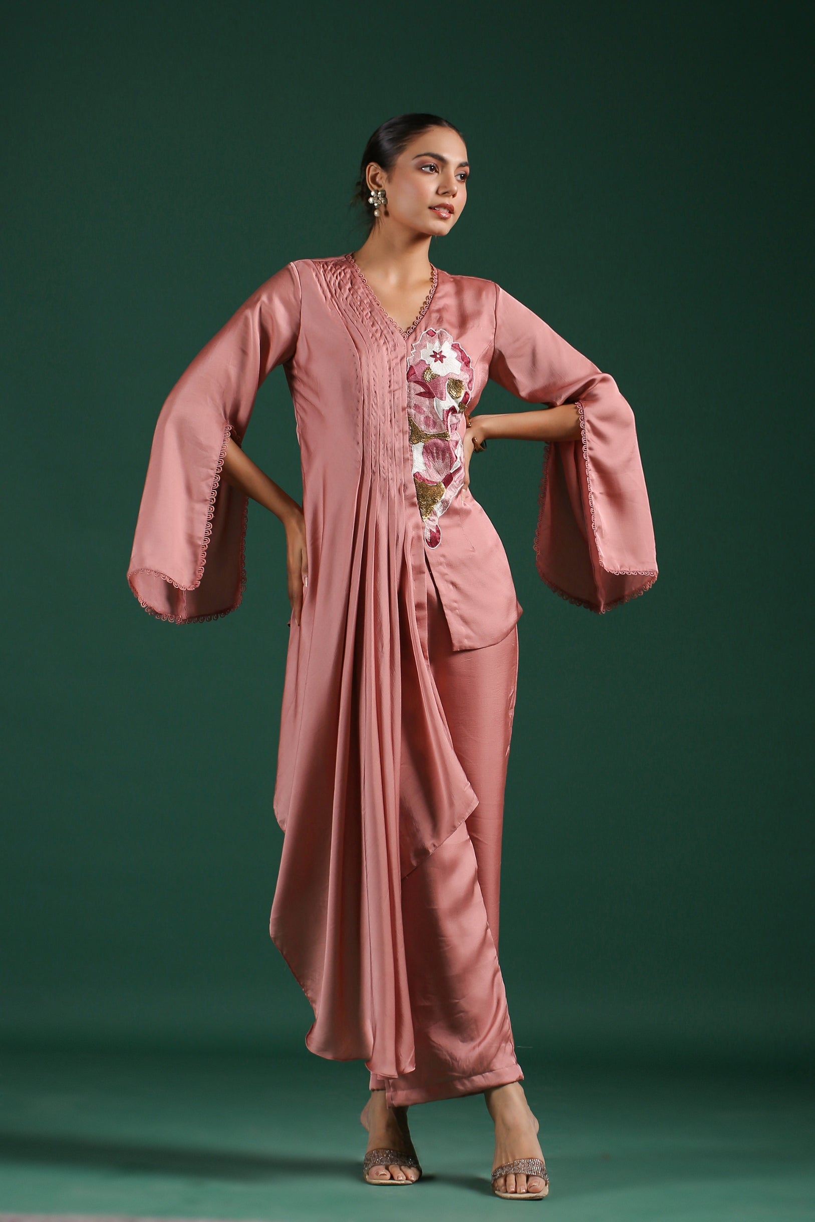 Rosewood Pink Embroidered Mulberry Silk Co-Ord Set