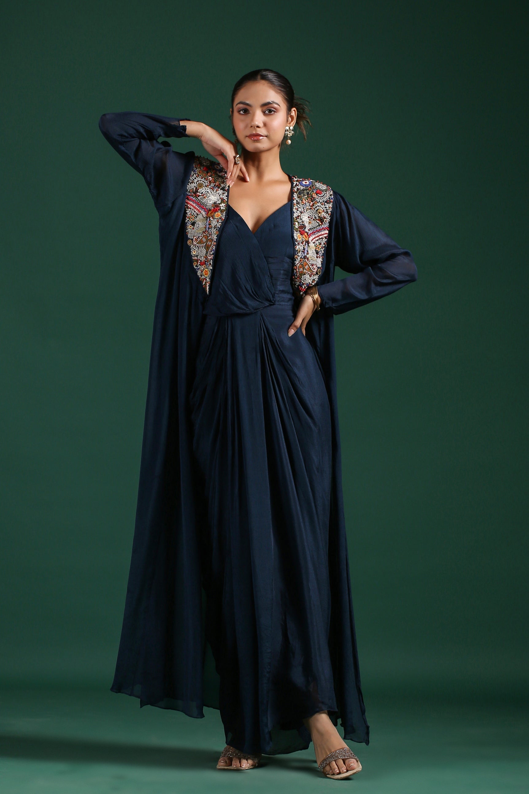 Deep Blue Embroidered Premium Chinon Silk Cape Dress