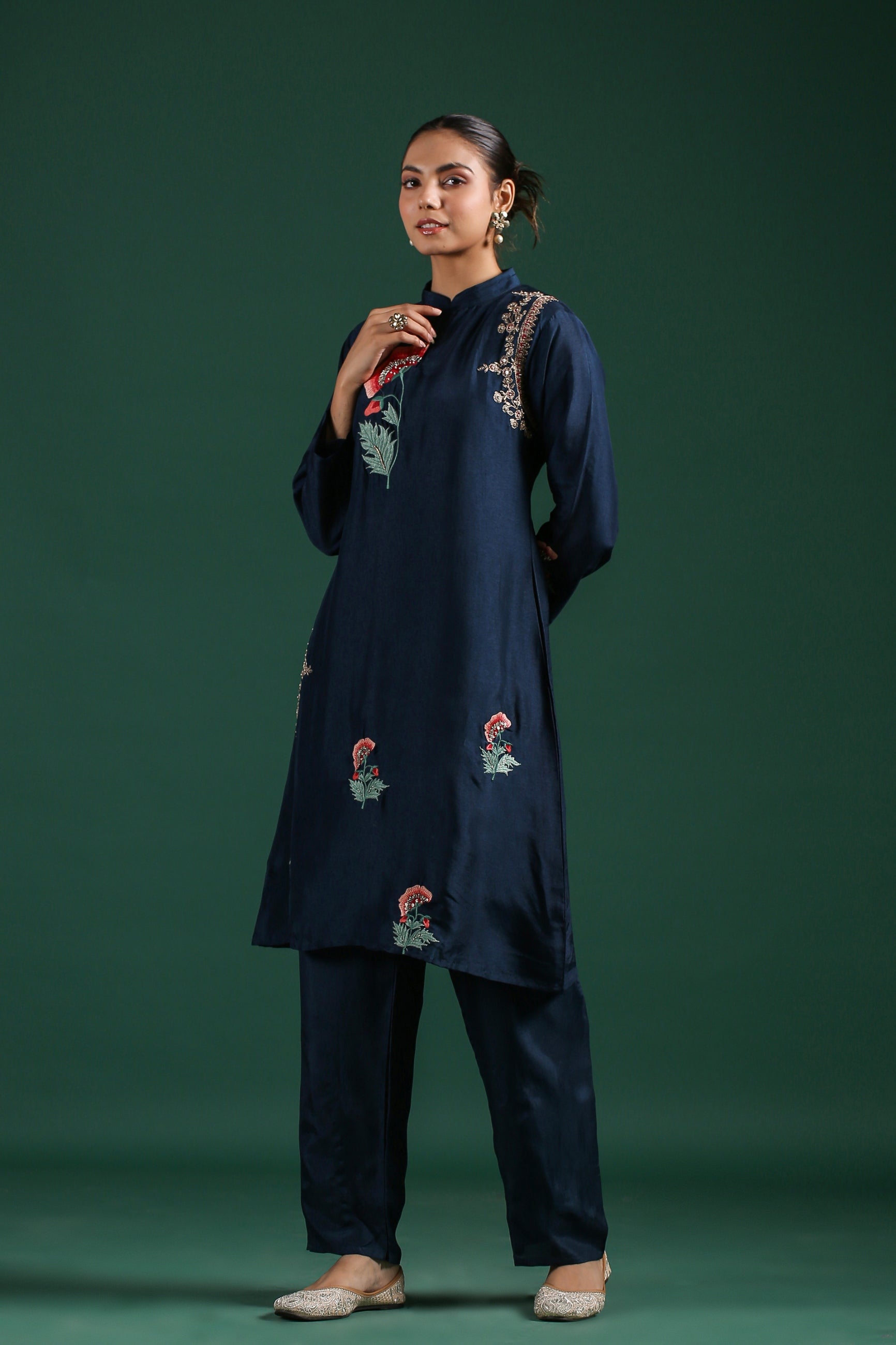 Blue Embroidered Dola Silk Pants Set