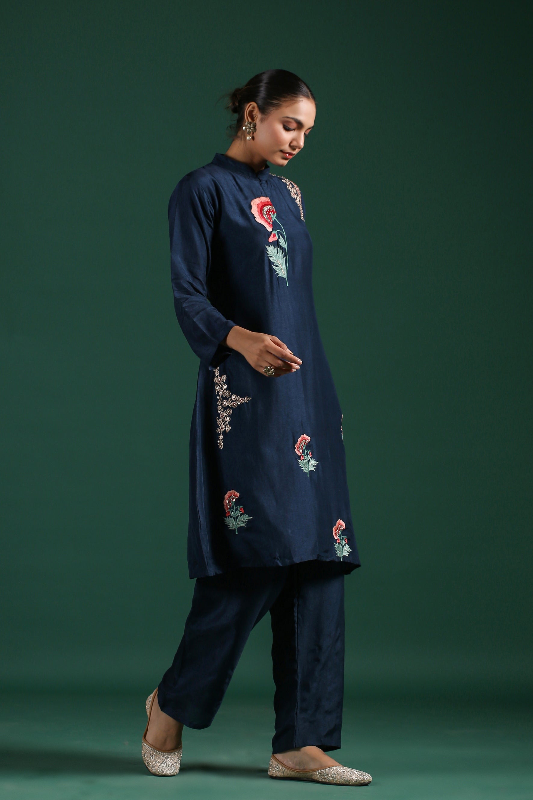 Blue Embroidered Dola Silk Pants Set